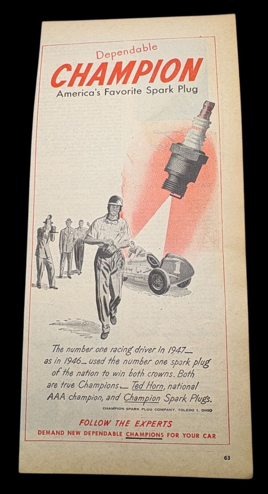 Champion Spark Plugs Vintage Print Ad 1940s Auto Racing Race Cars Driver