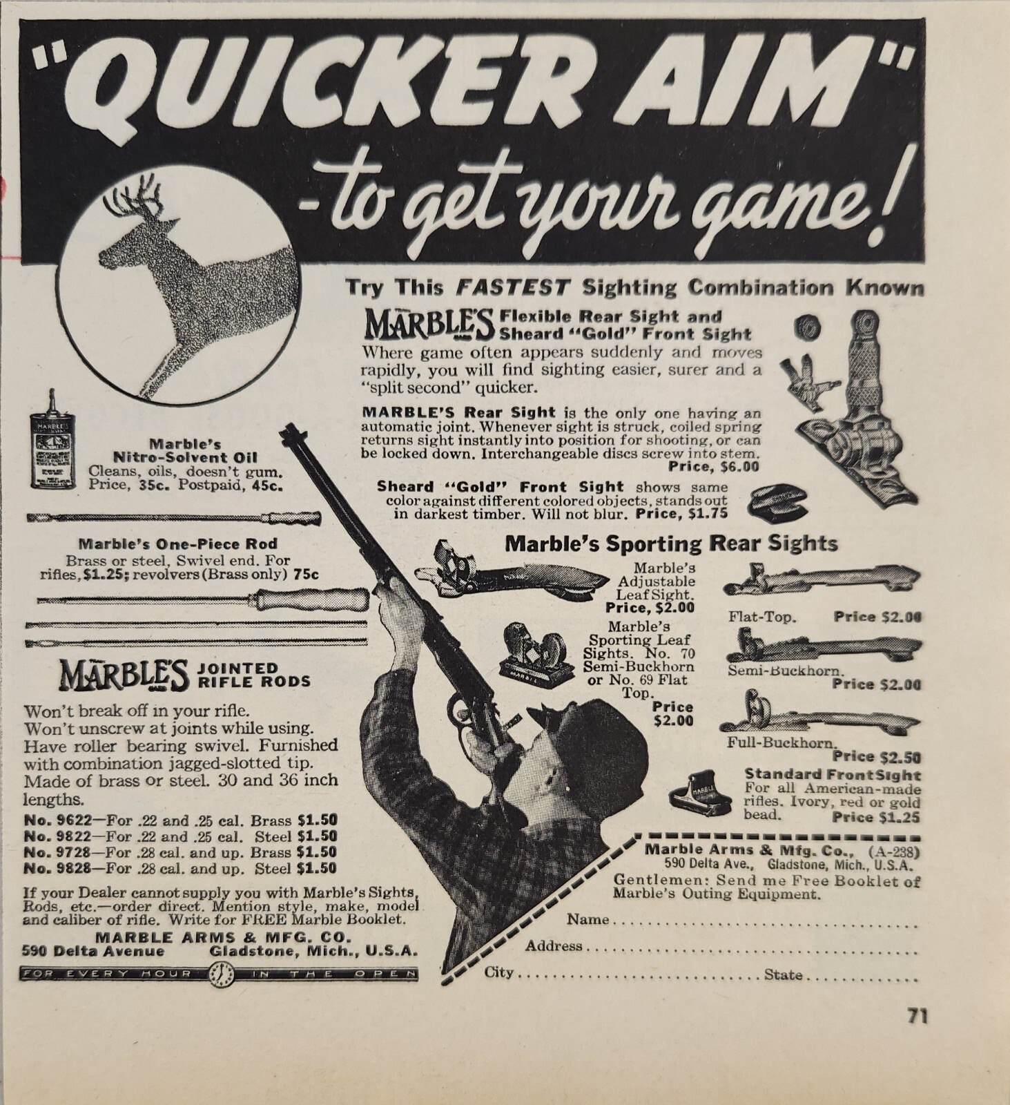 1951 Print Ad Marble Arms Sporting Rear Gun Sights,Jointed Rods Gladstone,MI