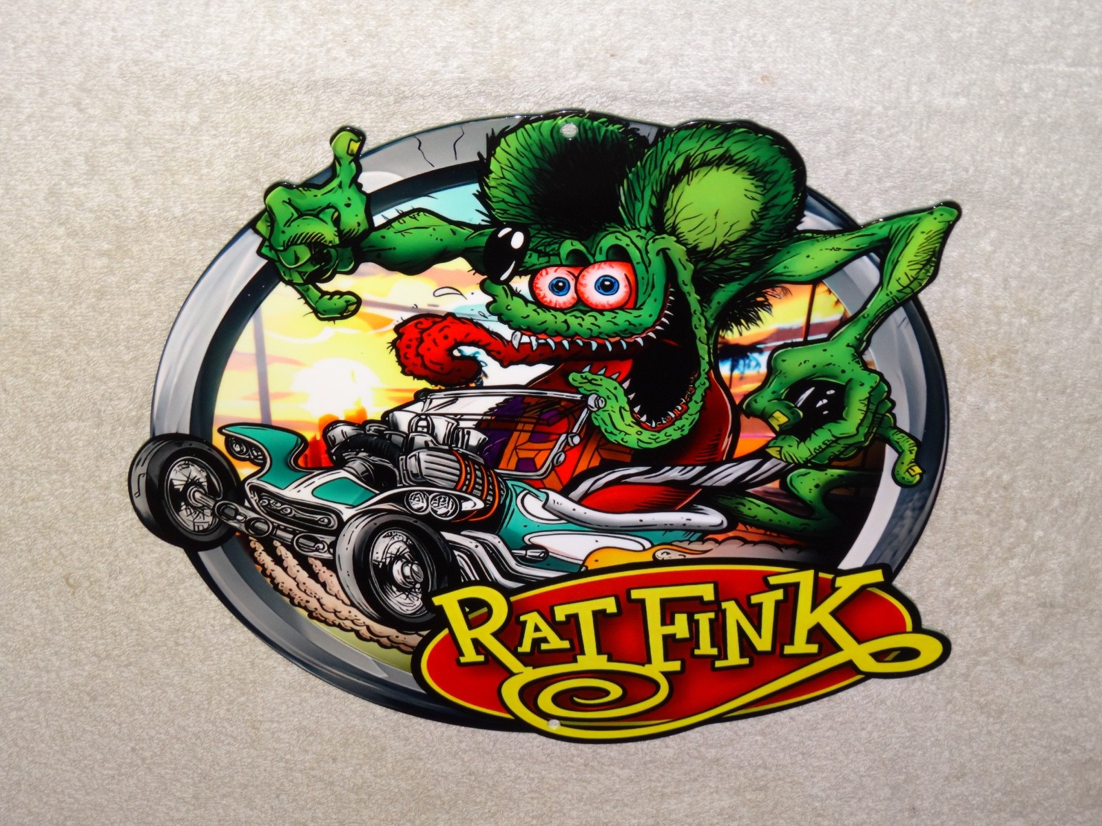 VINTAGE RATFINK DRIVES CUSTOM ROADSTER HOT ROD METAL GASOLINE OIL RAT FINK SIGN!