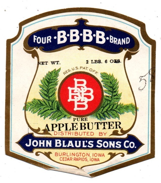 PH691 IA Iowa Burlington Cedar Rapids Four B Brand Apple Butter Product Label