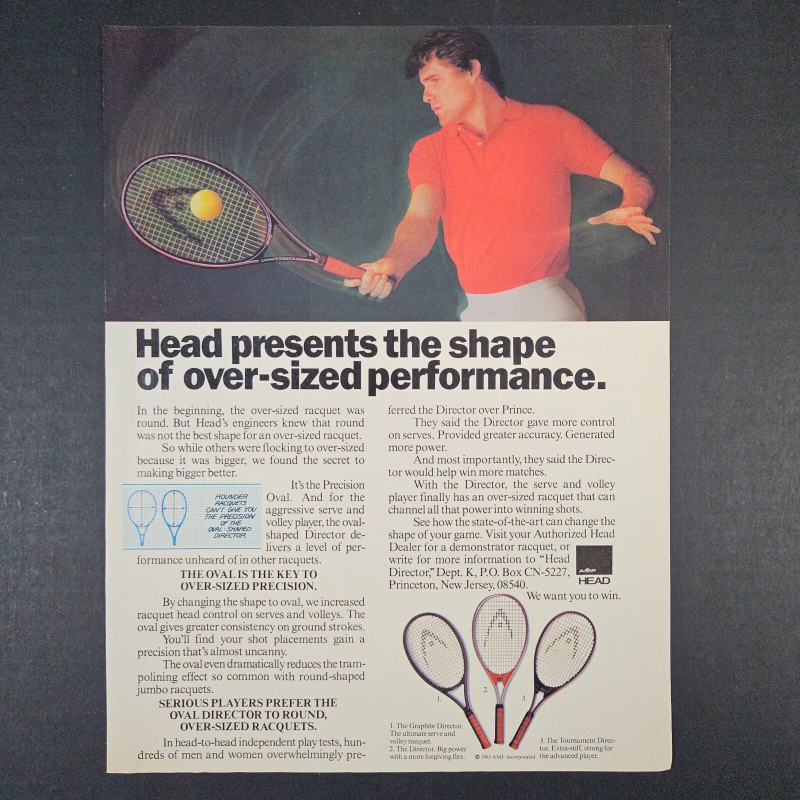 1983 AMF Head Director Graphite Tennis Racket Vintage Print Ad Princeton NJ