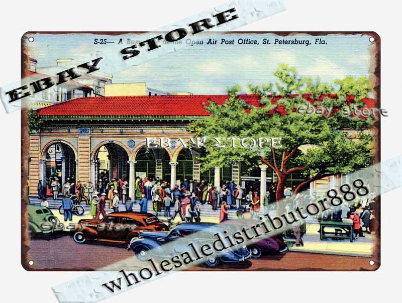 1940s St Petersburg Florida Post Office Street Scene Tin Sign brew pub decor