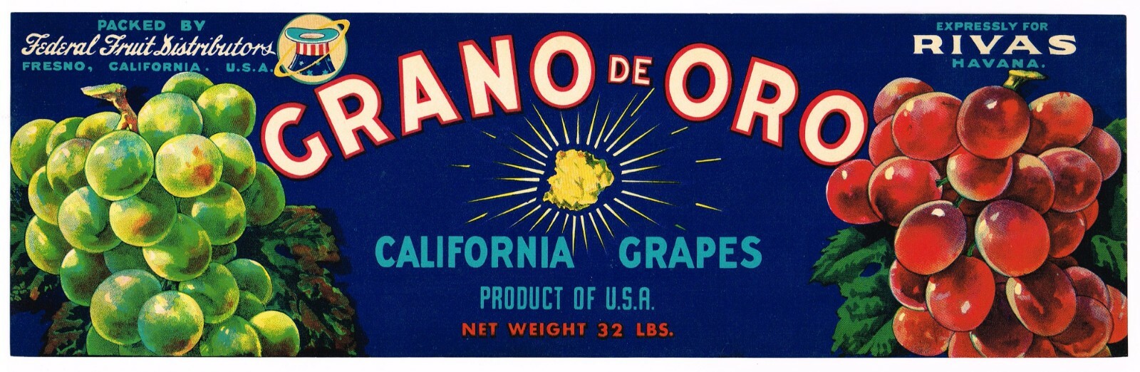 C1950S GRAPE CRATE LABEL GRANO DE ORO RARE EXPORT HAVANA FRESNO CALIFORNIA