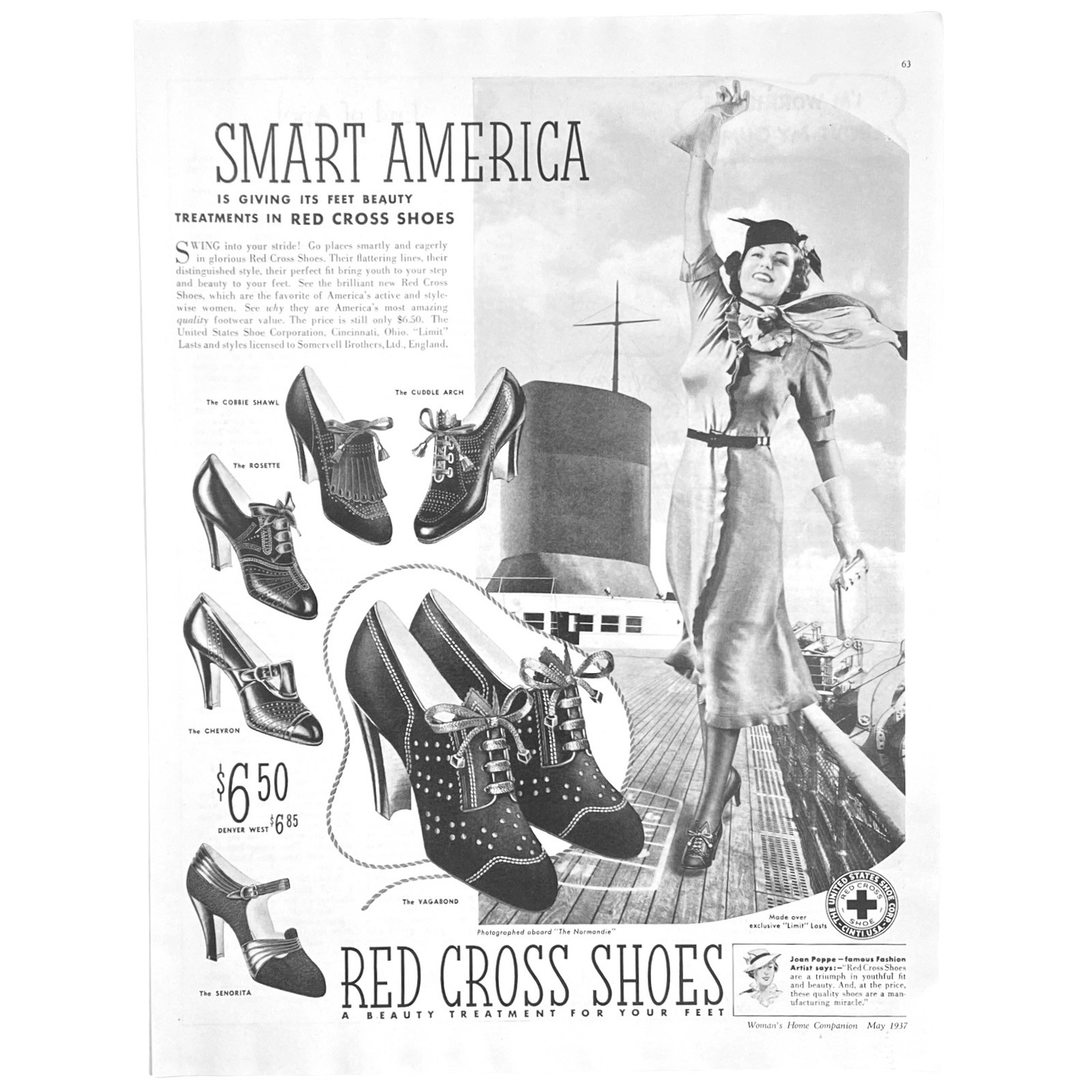 1937 Red Cross Shoes, Battleship Wartime Vintage Print Ad