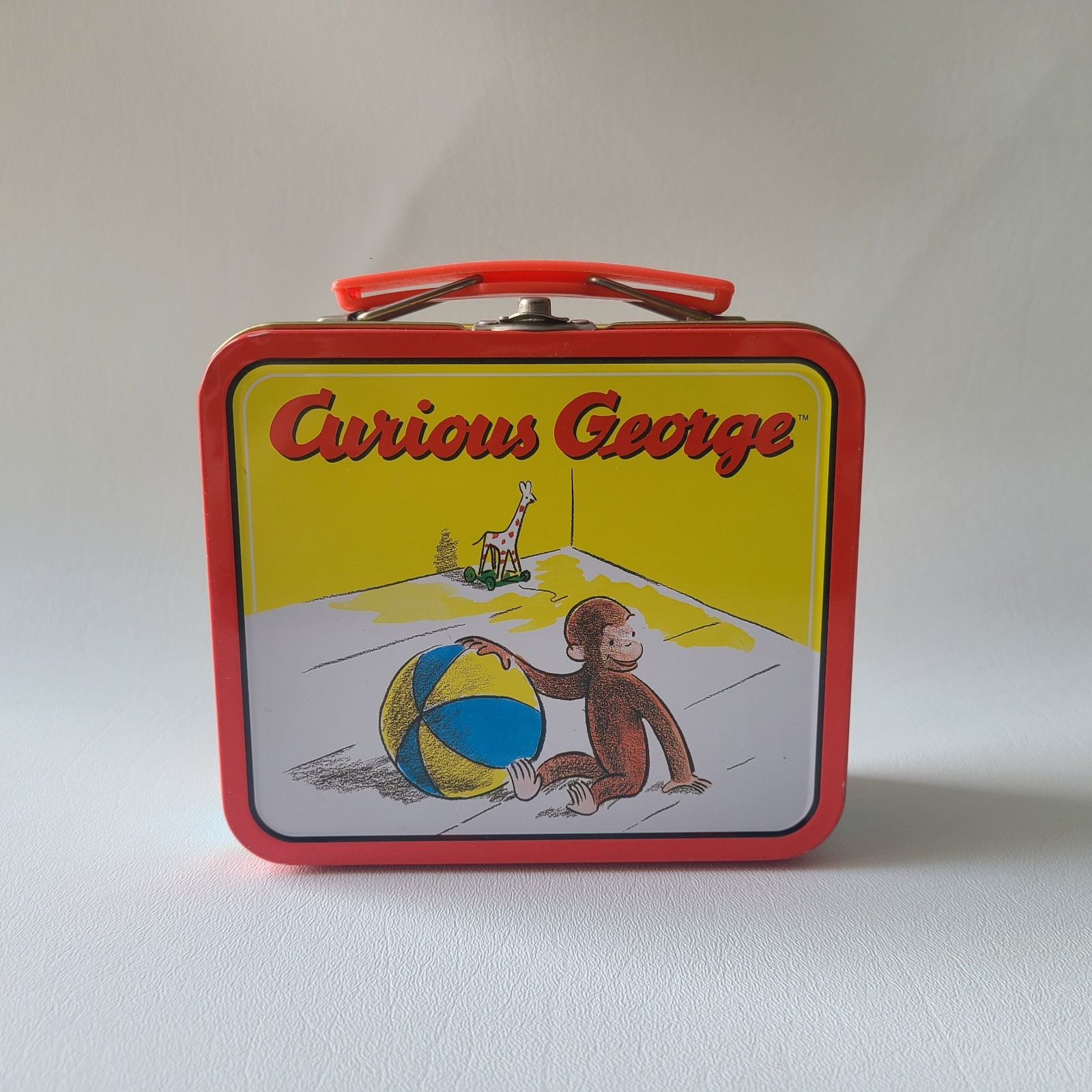 Vintage Curious George Lunch Box Metal Mini Tin 1998 Red Handle Monkey Ball
