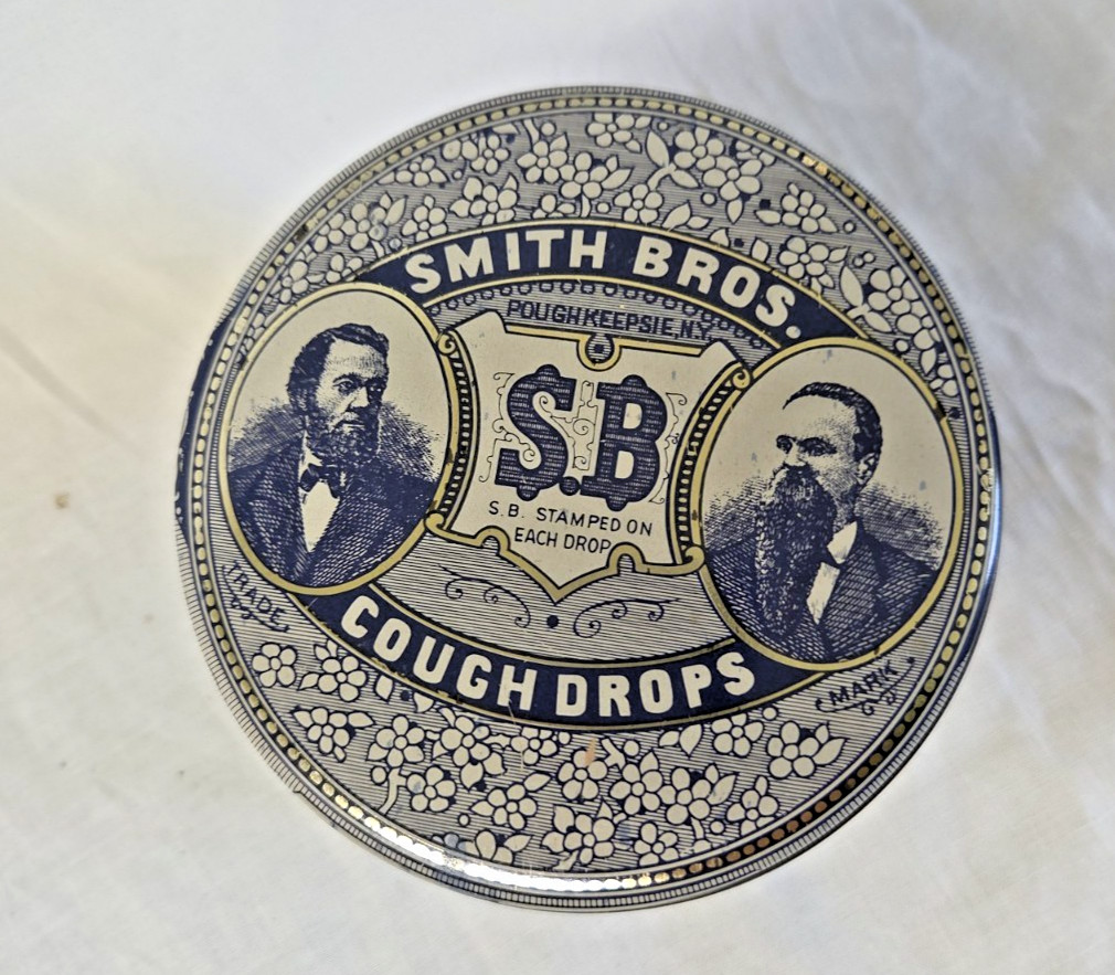 Antique Smith Bros. SB Round Cough Drops Tin Price 10 Cents Blue White