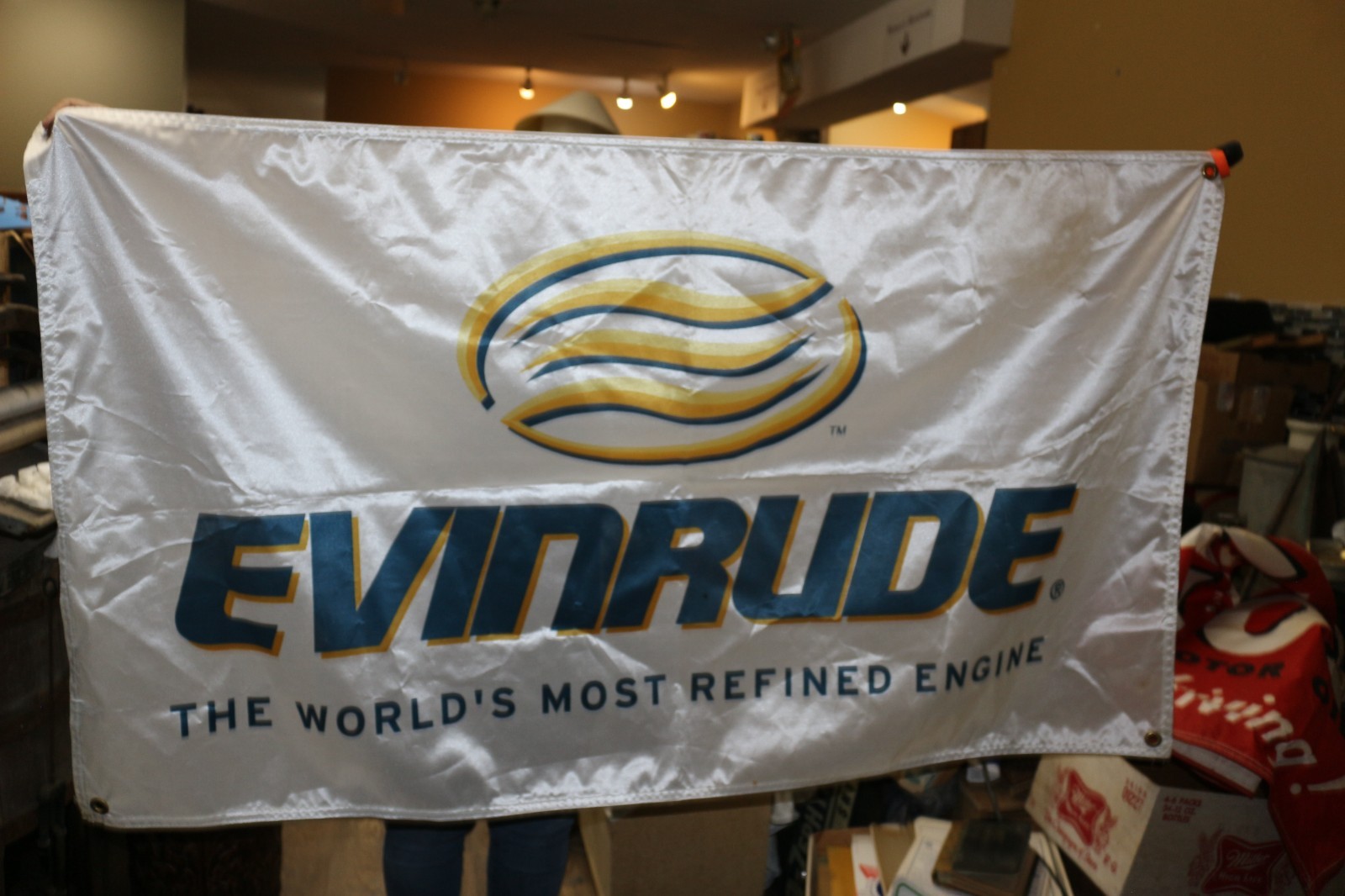 Large 34″x58″ Vintage 1970’s Evinrude Outboard Boat Motors Cloth Banner Sign