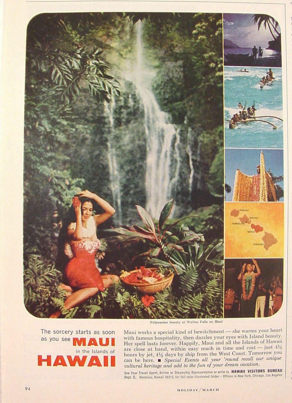 1964 Hawaii Visitor’s Bureau Ad Polynesian Lady Wailua Falls Maui + other Pics