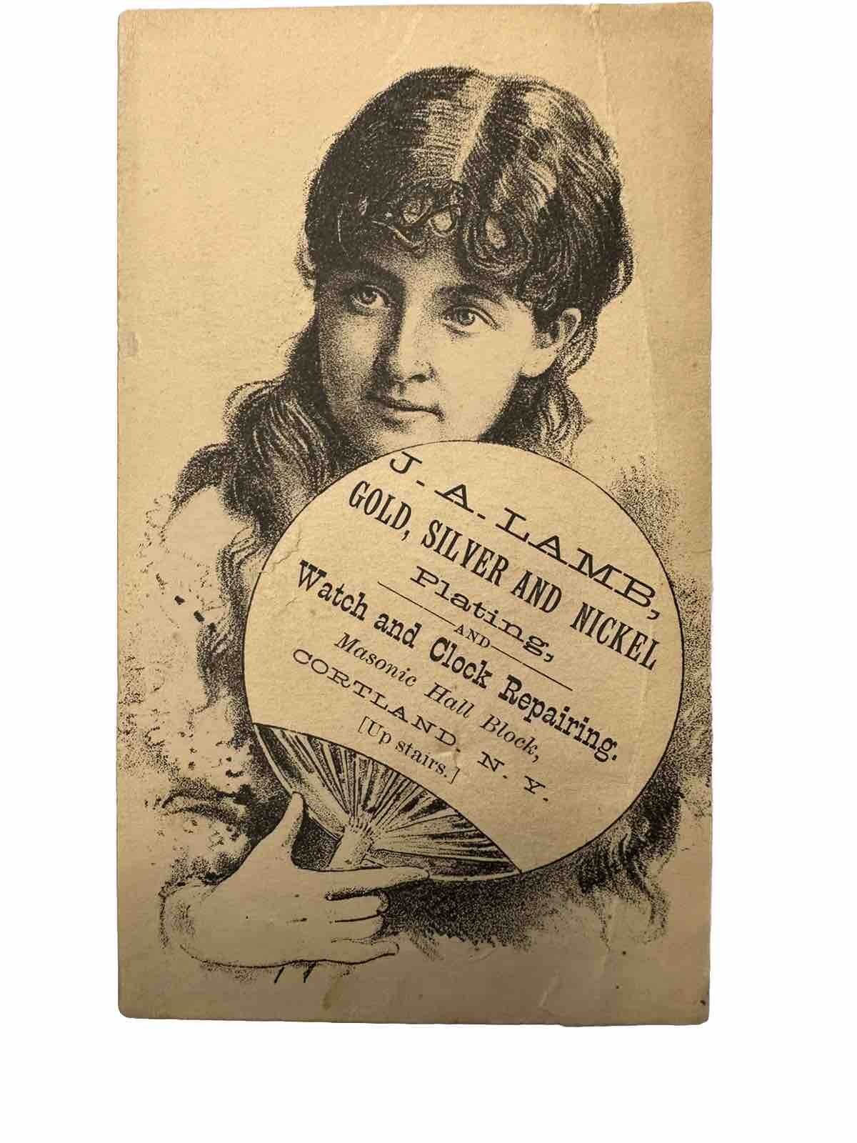 VICTORIAN JEWELERS TRADE CARD WATCH CLOCK REPAIR JA LAMB CORTLAND NY B72