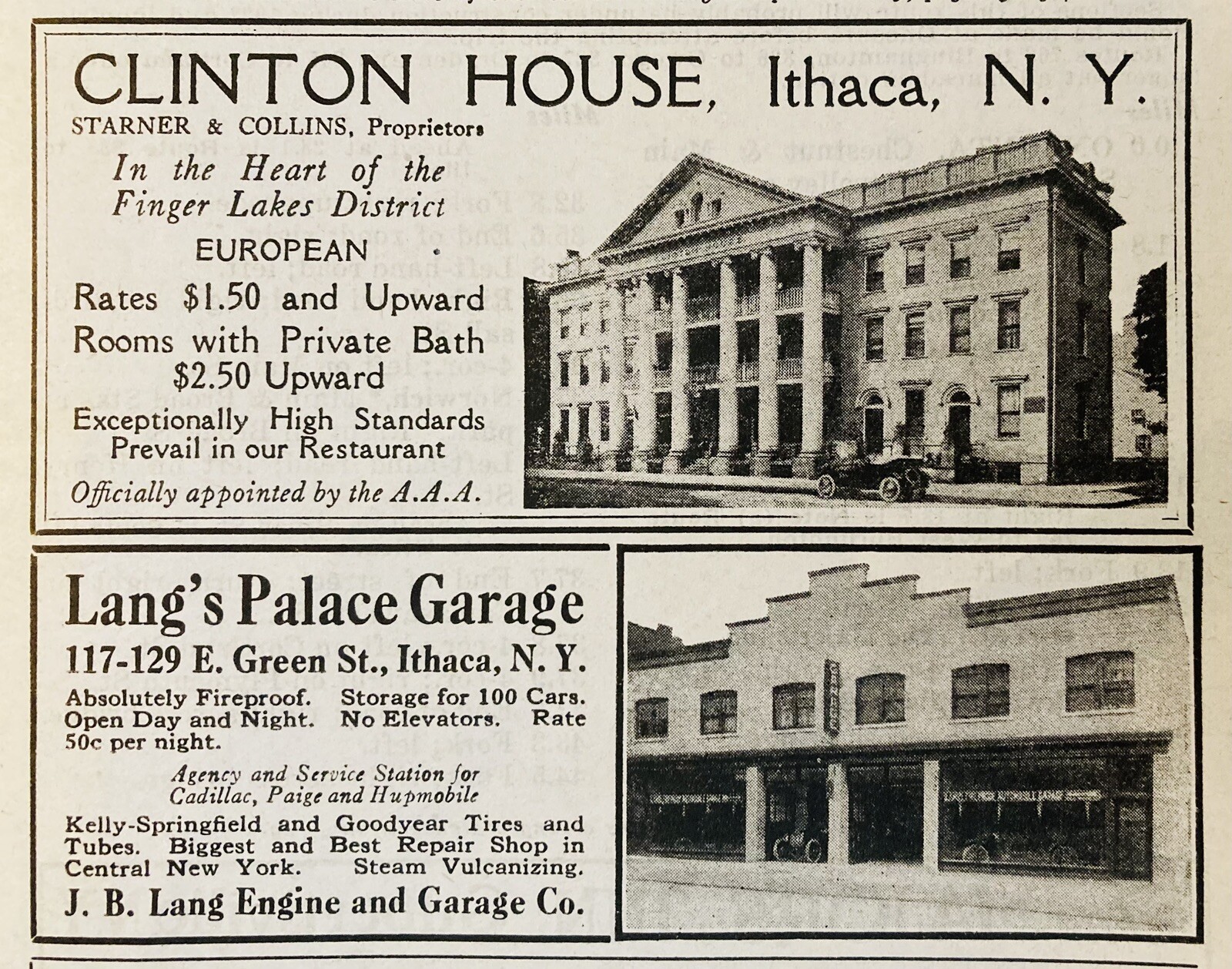 1922 AD.(N22)~CLINTON HOUSE & LANG’S PALACE GARAGE, ITHACA, NY.