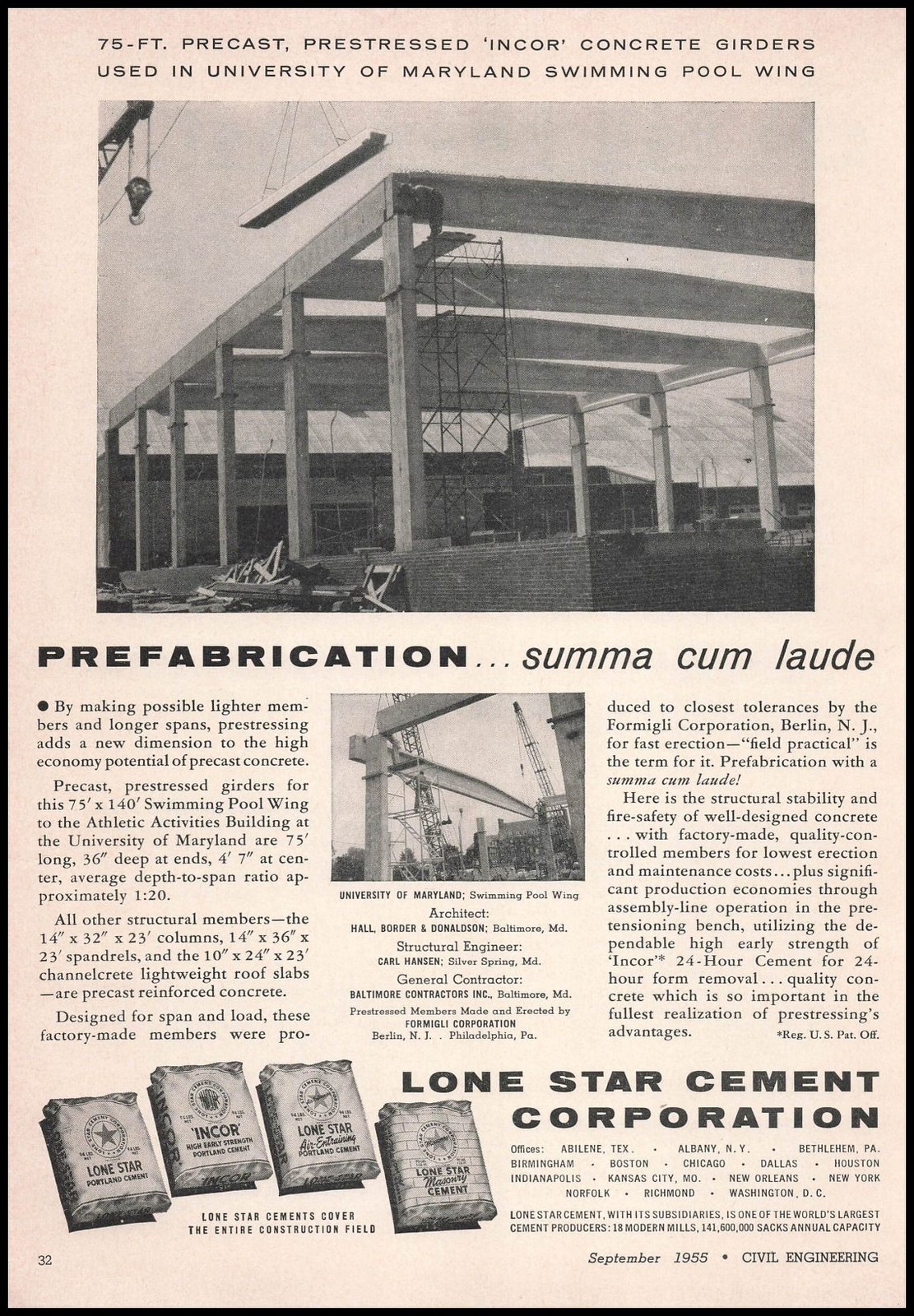 1955 University Of Maryland Swimming Wing Work Photos Lone Star Cement Print Ad