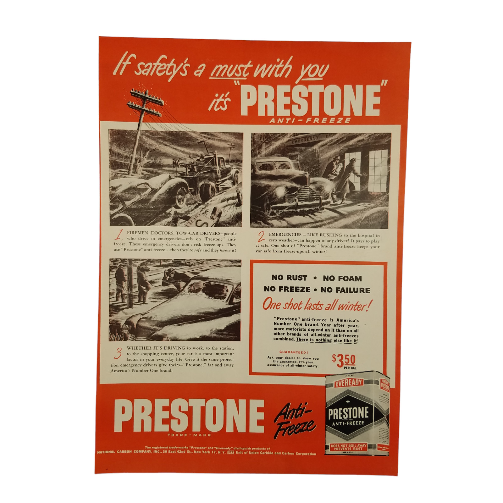 1948 Prestone Anti-Freeze Vintage Print Ad No Rust No Foam No Freeze No Failure