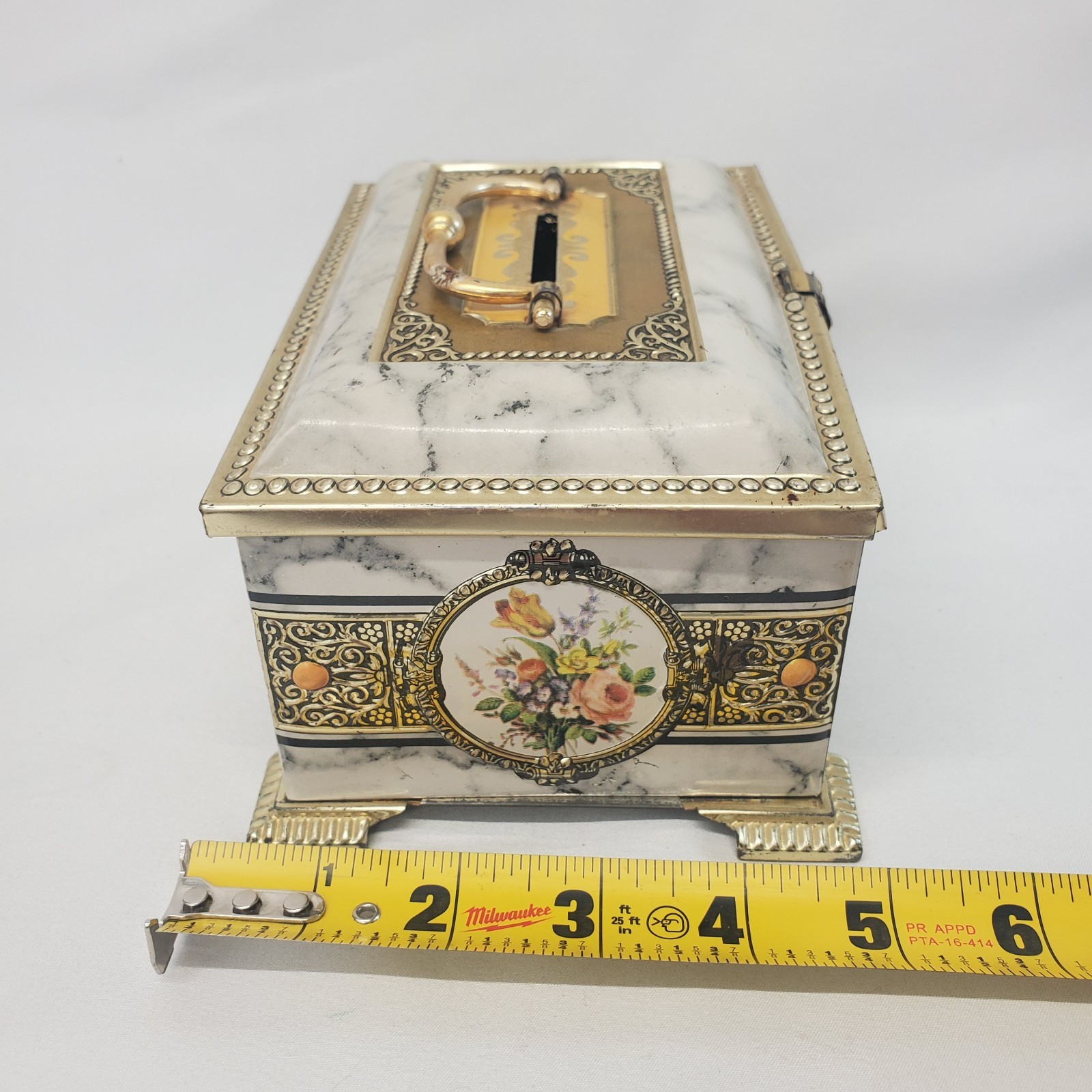 Vintage Klann Quality Decorative Floral Tin Coin Bank Box Western Germany