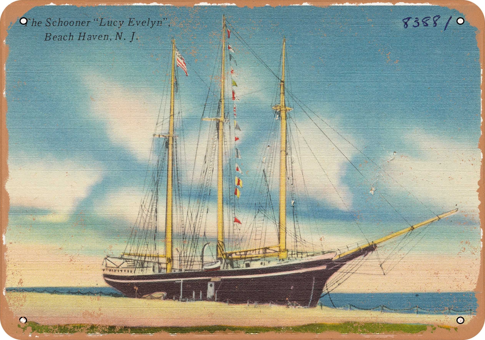 METAL SIGN – New Jersey Postcard – The schooner ‘Lucy Evelyn’, Beach Haven, N.