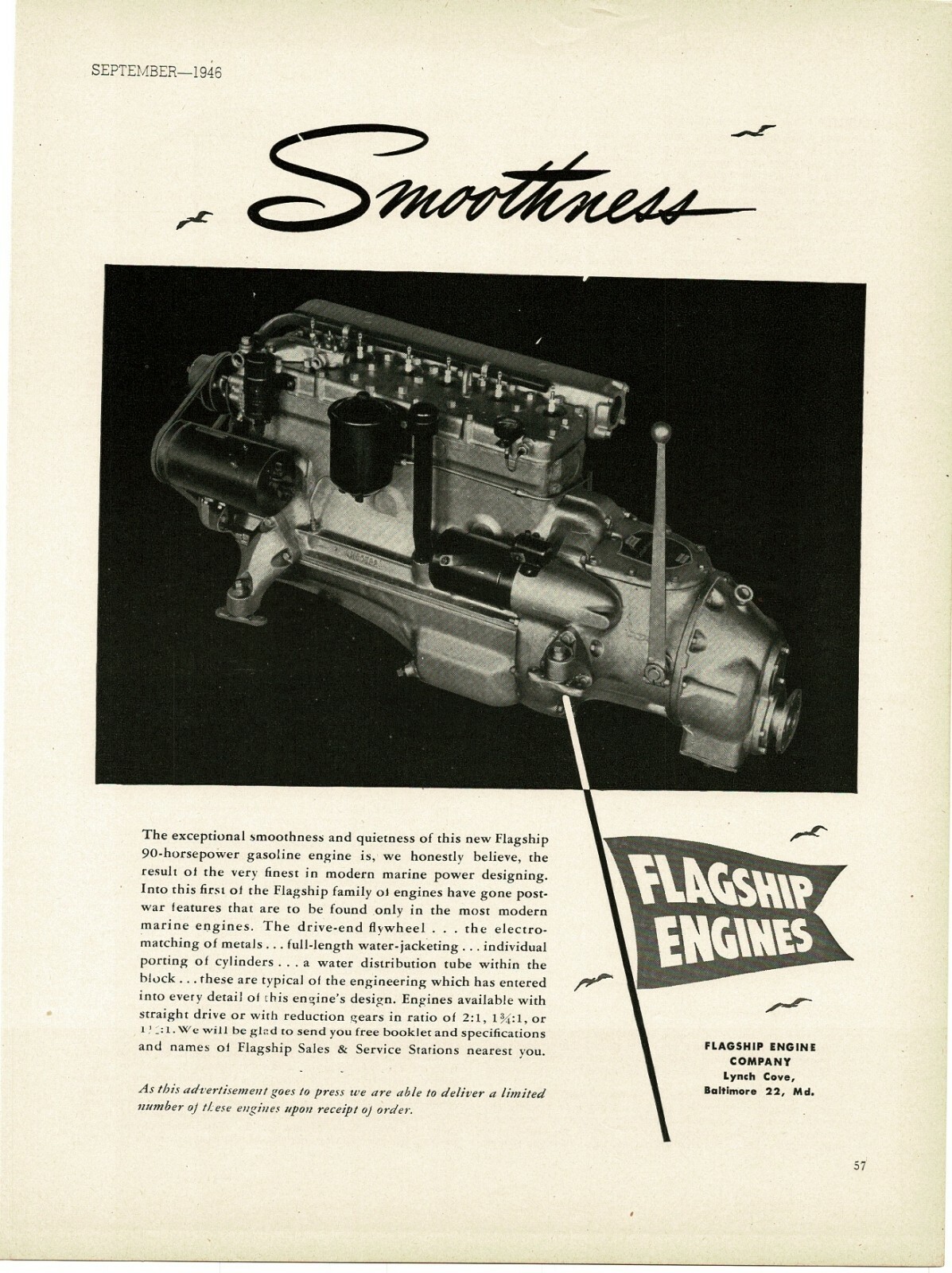 1946 FLAGSHIP Engine Co. 90 HP Marine Nautical Engine Vintage Print Ad