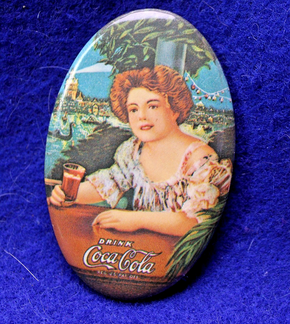 VINTAGE “DRINK COCA COLA” SMALL ADVERTISING OVAL MIRROR 3″ x 2″ girl w/drink