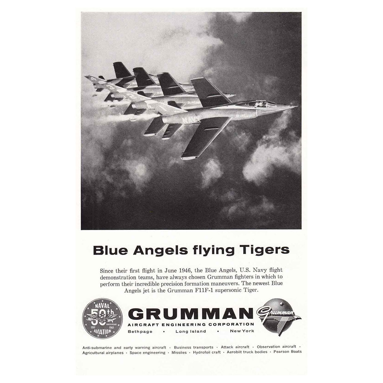 1961 Grumman Aircraft: Blue Angels Flying Tigers Vintage Print Ad