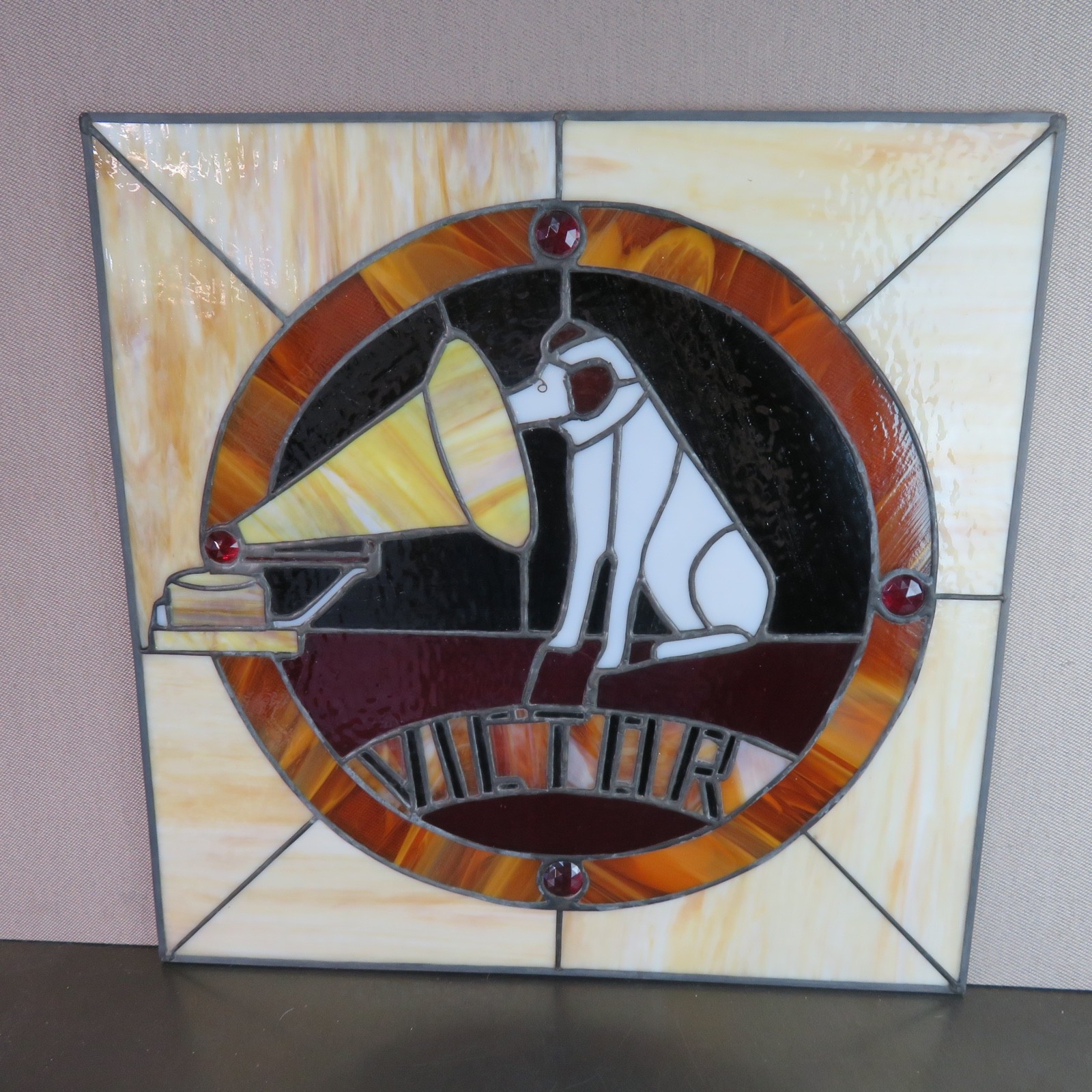 1930’S RCA VICTOR NIPPER STAINED GLASS WINDOW/SIGN – ADVERTISING ORIGINAL 22″