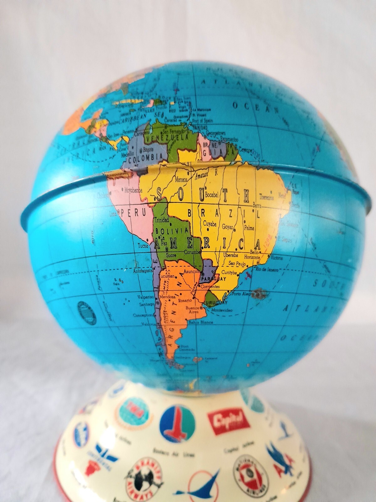 Vintage Deco 1930s Ohio Art Company Tin Litho Airplane Ad Toy Globe Bank (B)