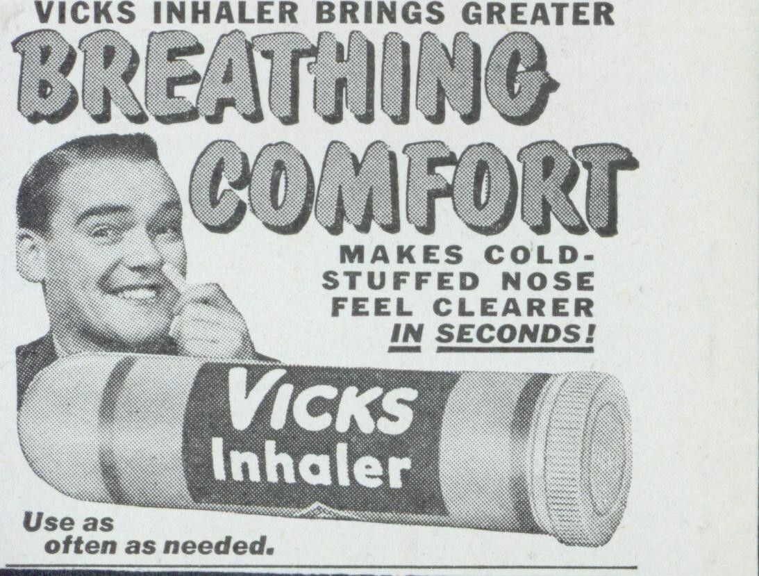 1947 Vicks Inhaler Breathing Comfort Nose Clearer in Seconds Vtg Print Ad C19