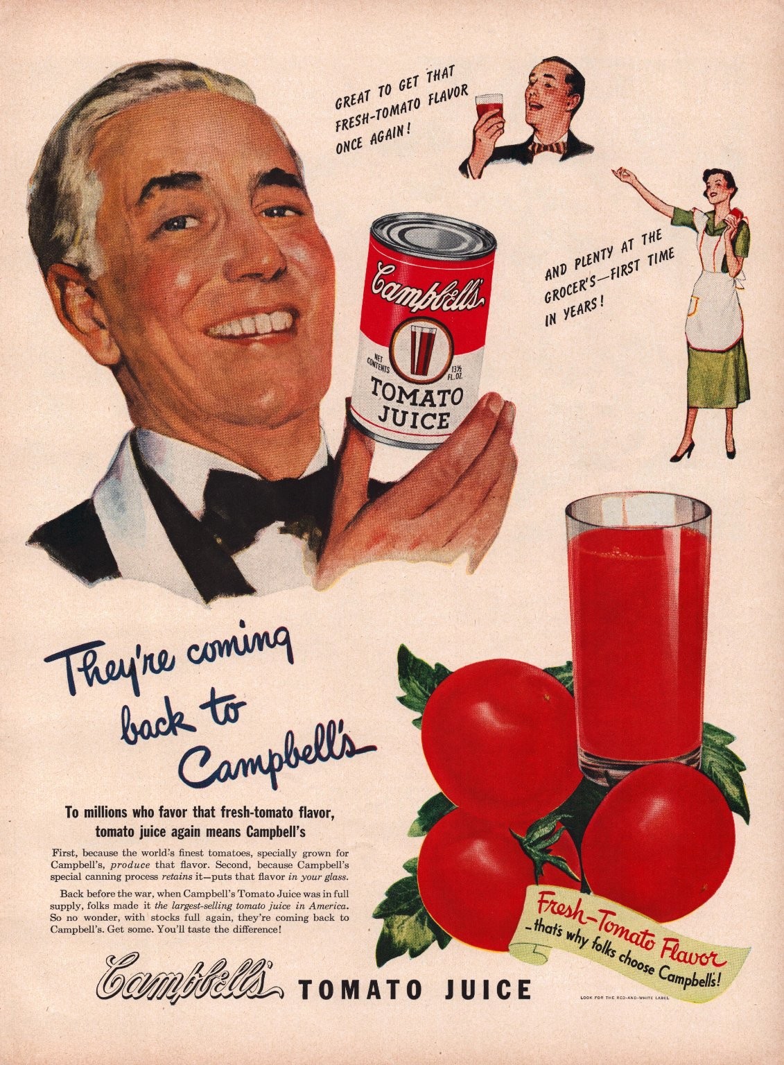 Campbell’s Tomato Juice Life Magazine Ad Print 1949 Fresh Tomato Flavor Can
