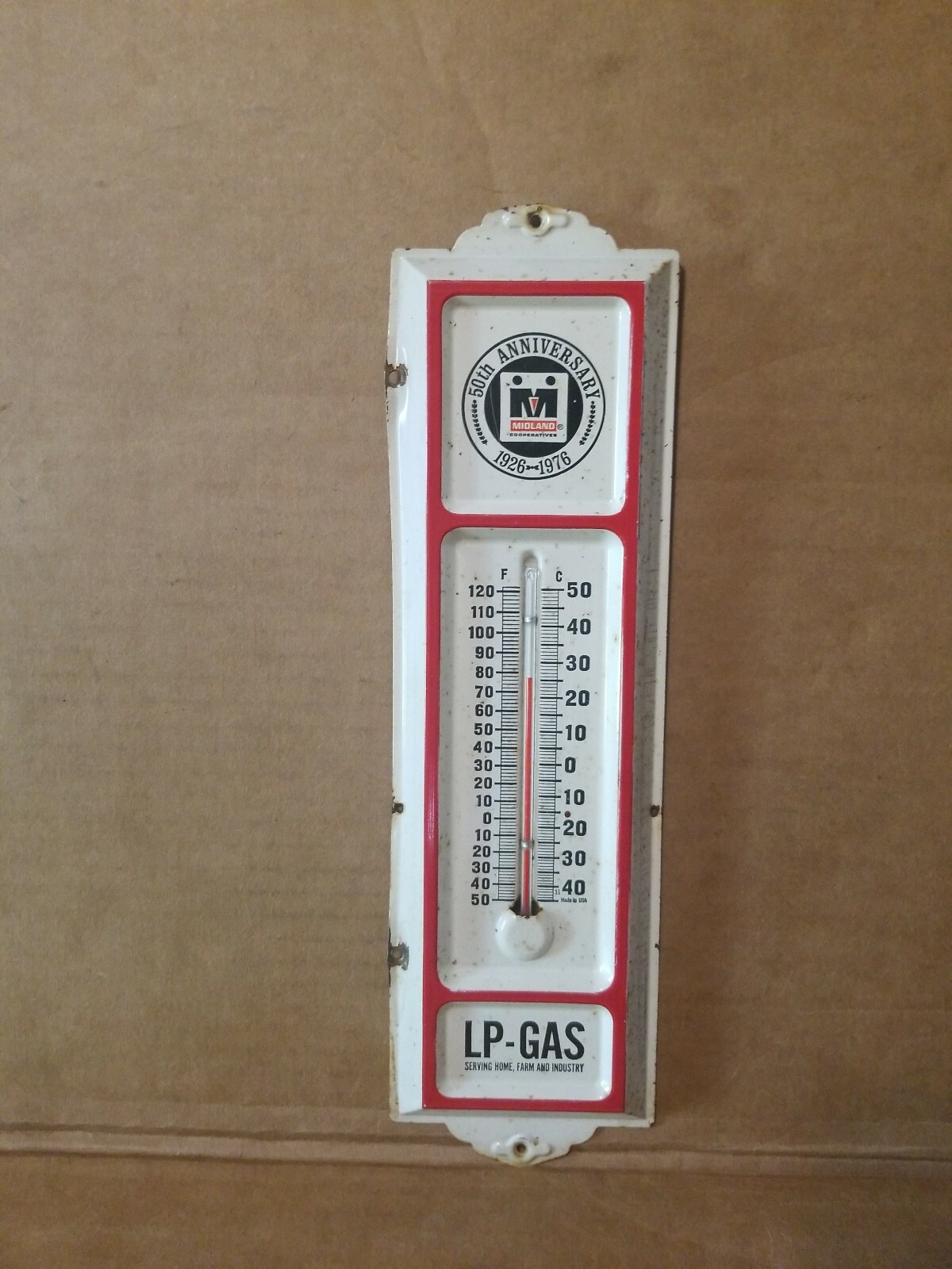 MIDLAND COOPERATIVES ADVERTISING THERMOMETER Metal 1976 50th anniversary LP-GAS