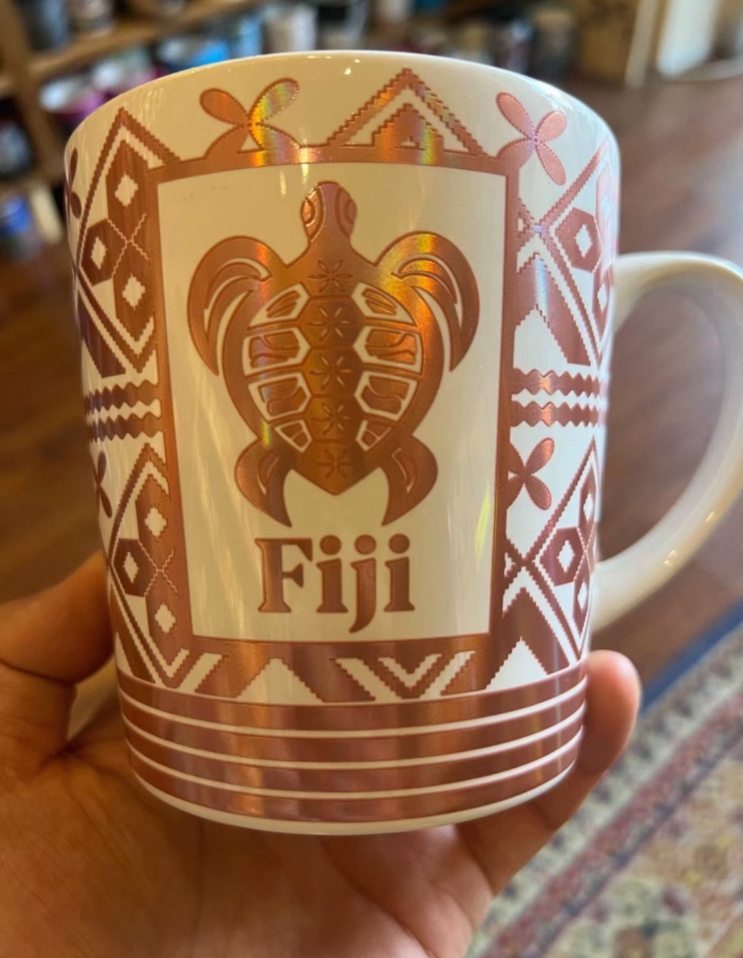 Fiji City Collector Mug Rose Gold Metallic Sea Turtle Tribal Ceramic Coffee Cup