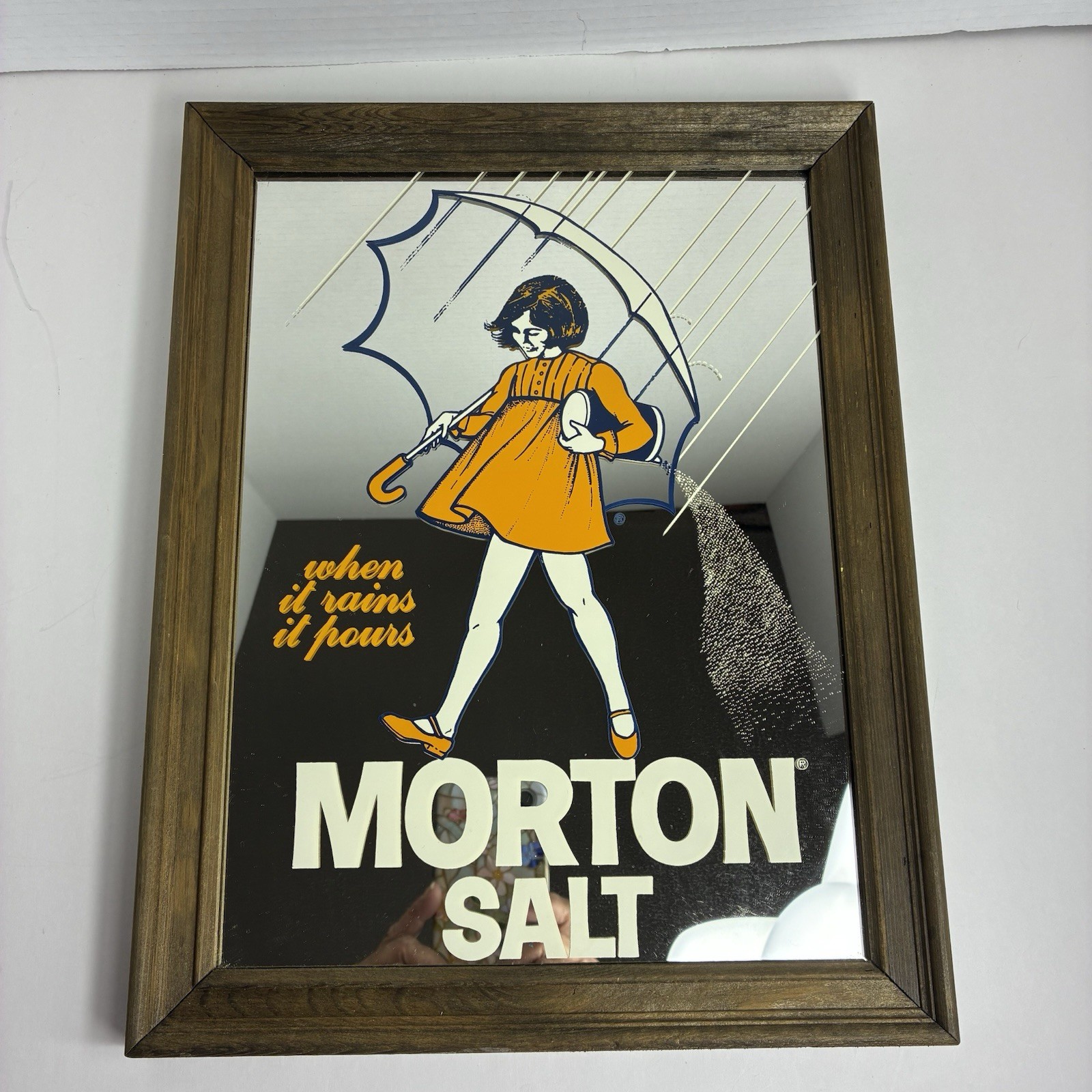 VTG MORTON SALT Framed Mirror “When It Rains It Pours” Girl W/Umbrella 14 X 10.5