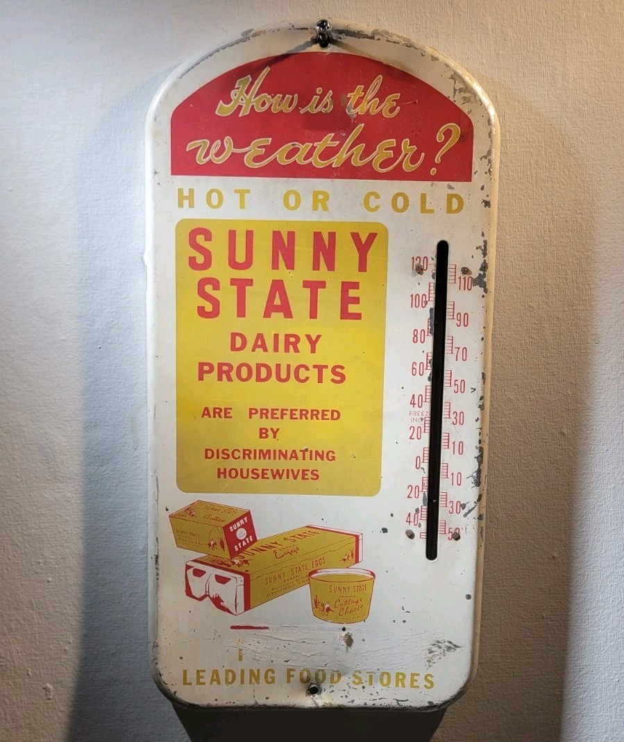 Vintage Sunny State Dairy Products Advertising Thermometer Sign Eggs Butter RARE
