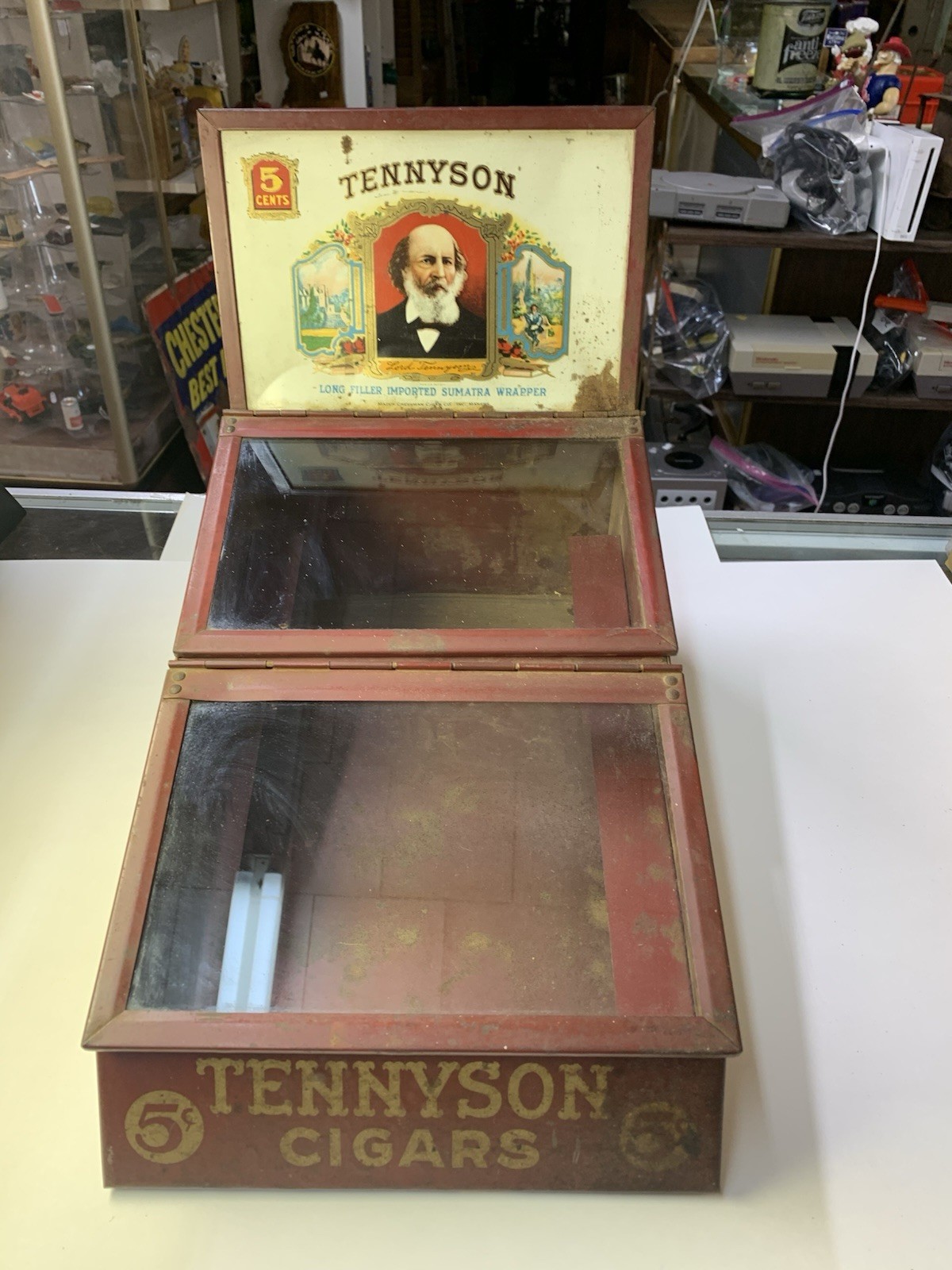 TENNYSON 5c CIGARS Old Store Display Case Sign PROP MAZER-CRESSMAN CADILLAC USA