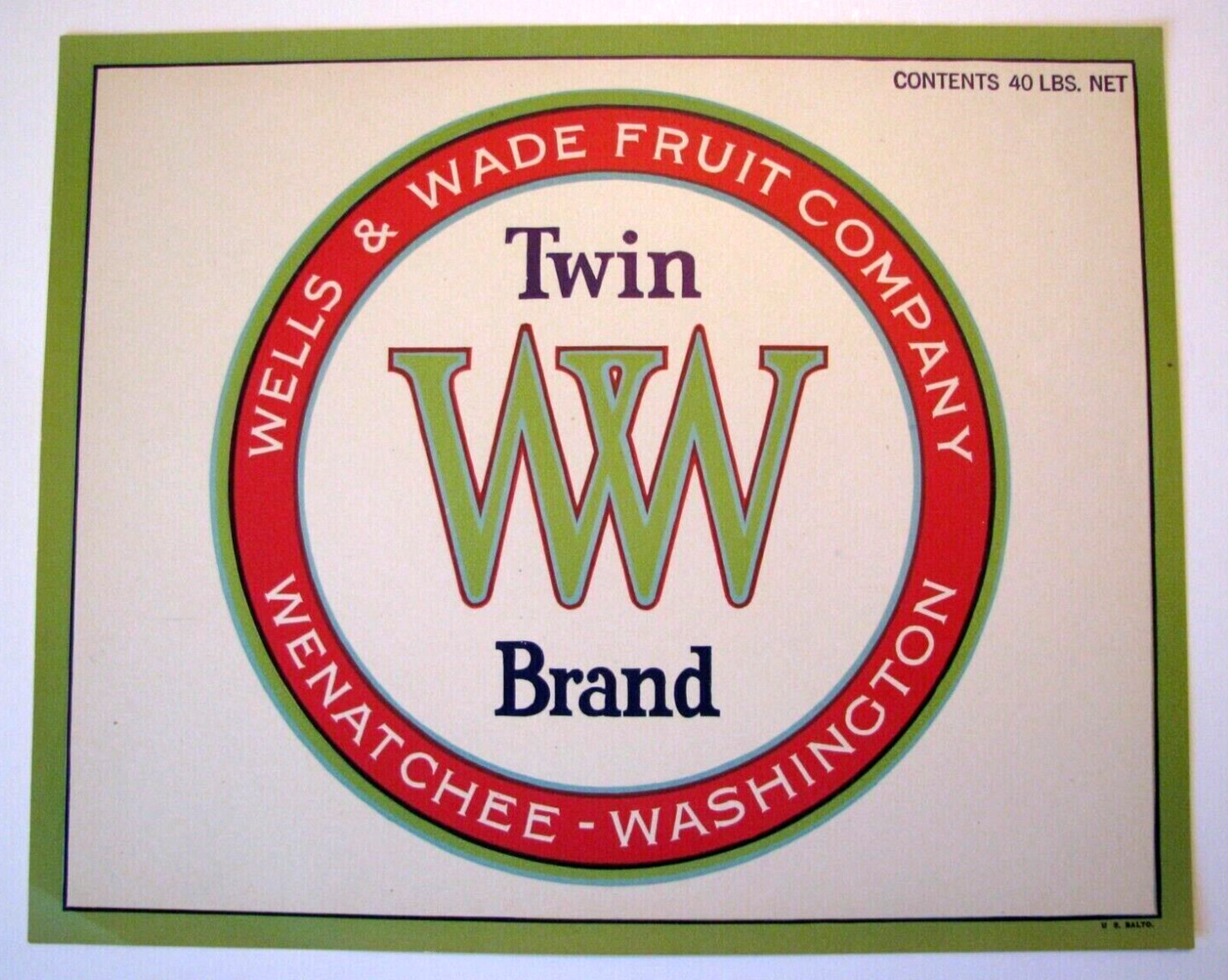 Original 1920s TWIN WW apple crate label Wenatchee Washington Wells & Wade white