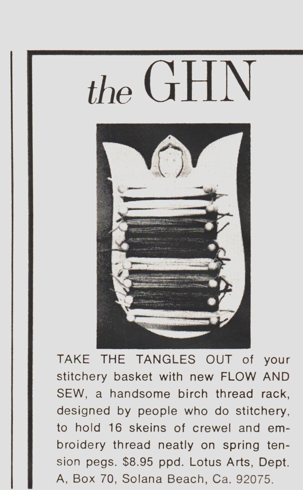 Lotus Arts Flow & Sew Embroidery Thread Rack Solana Beach CA 1970s Print Ad 426