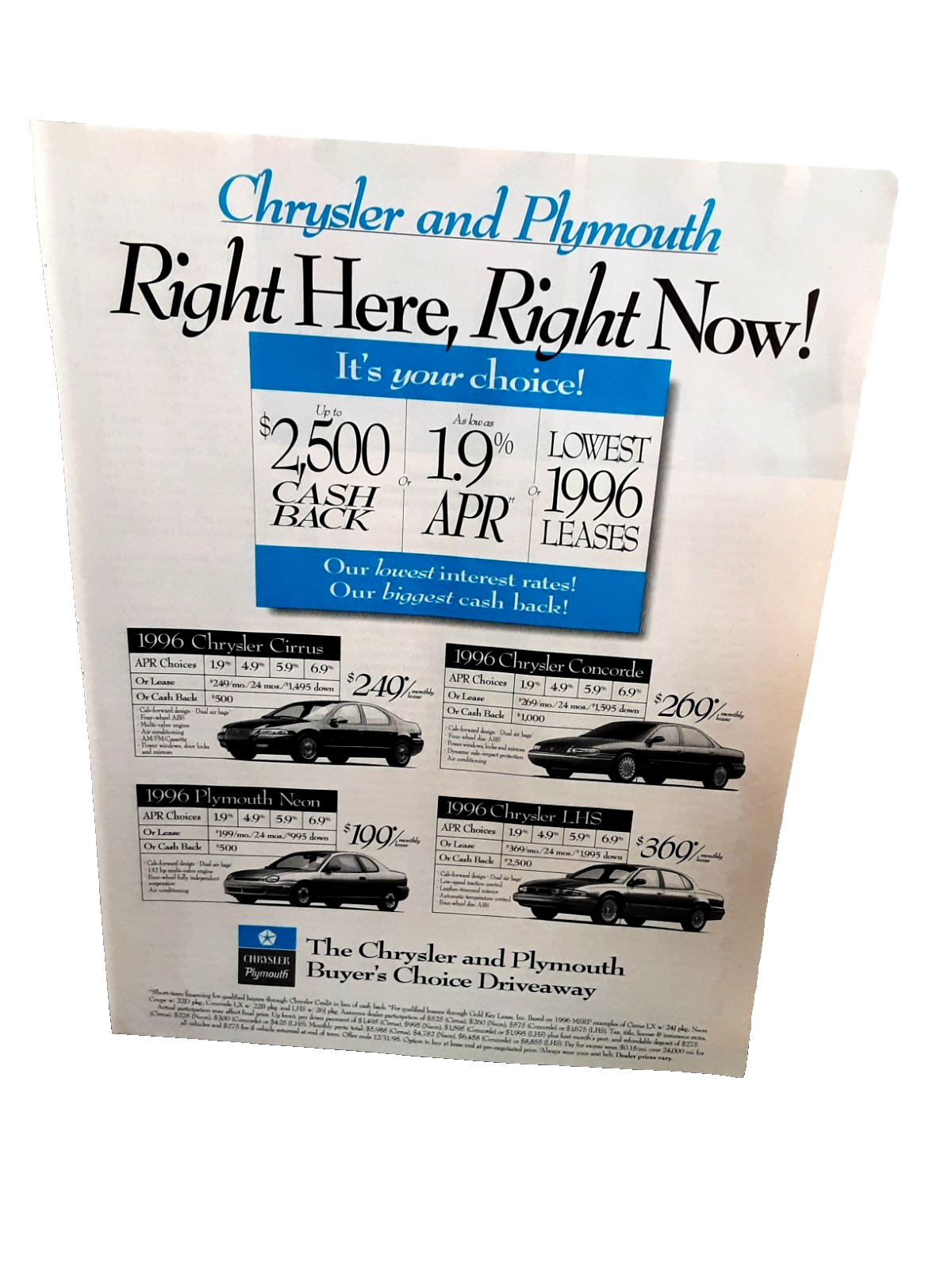1995 Chrysler Plymouth Right Here Right Now Car Sale Print Ad