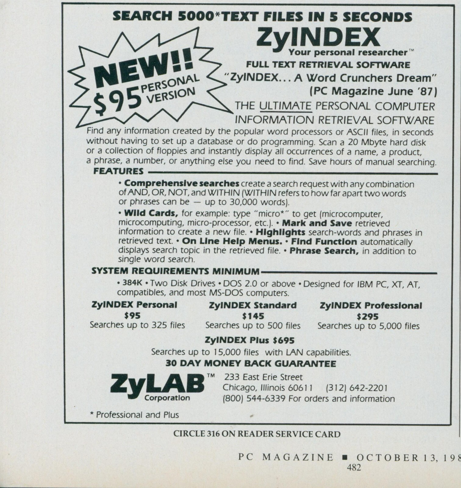 1987 ZyINDEX Personal Researcher Full Text Retrieval Software ZyLAB Ad PC2