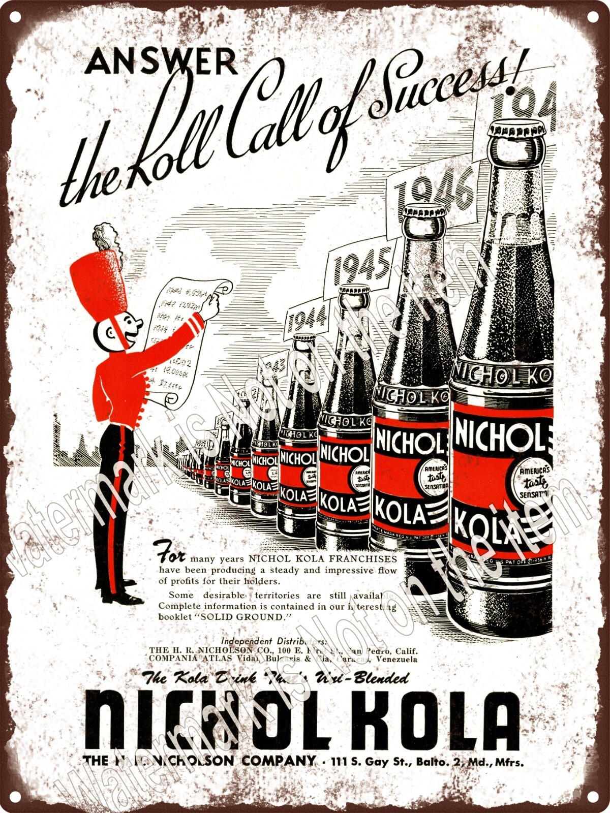 1947 Nichol Kola Cola Soda Bottle Metal Sign 9×12″ A676