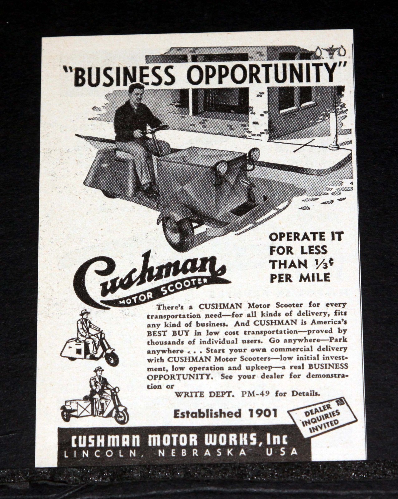 1949 OLD MAGAZINE PRINT AD, THE CUSHMAN MOTOR WORKS, A SCOOTER FOR EVERY NEED!