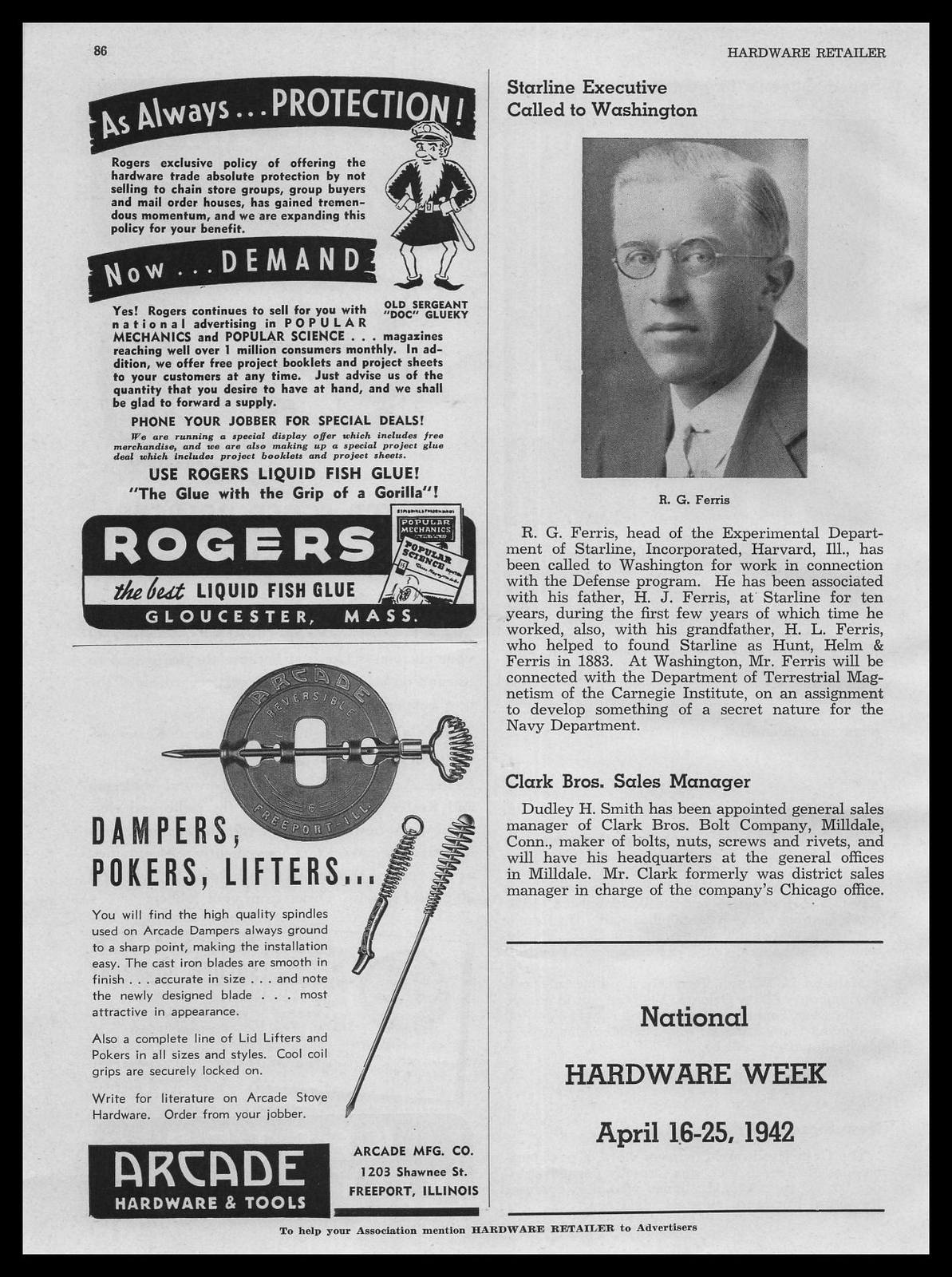 1941 Arcade Hardware & Tools Freeport Illinois Dampers Pokers & Lifters Print Ad