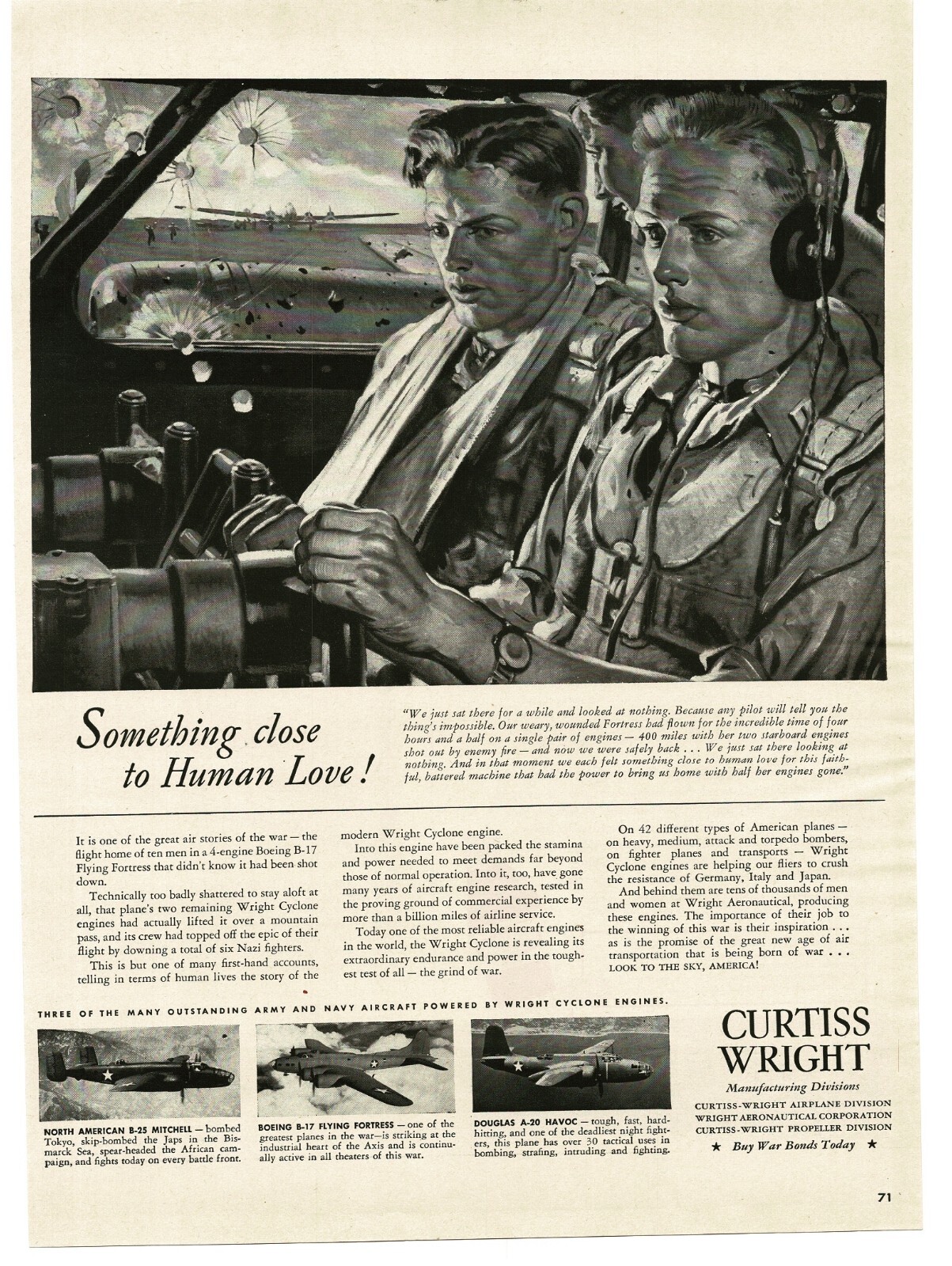 1943 Curtiss Wright Cyclone Plane Engines B-17 Flying Fortress WWII Print Ad