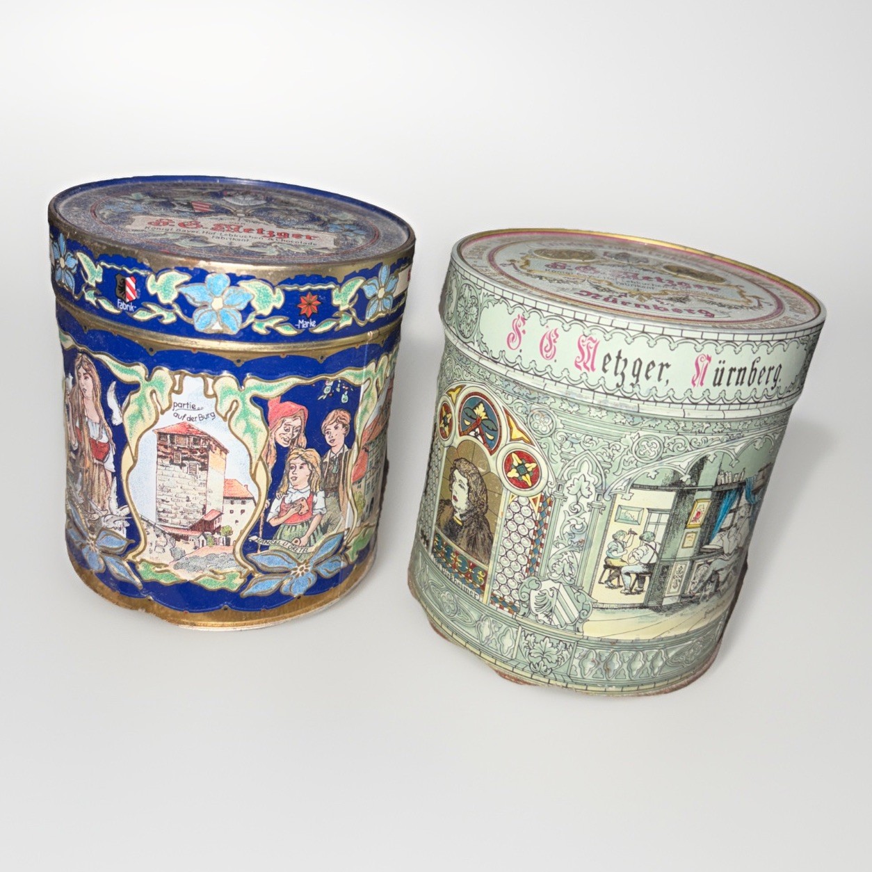 Vintage F.G. Metzger German Cookie Tin Lot, Nuremberg Lebkuchen Round Tins