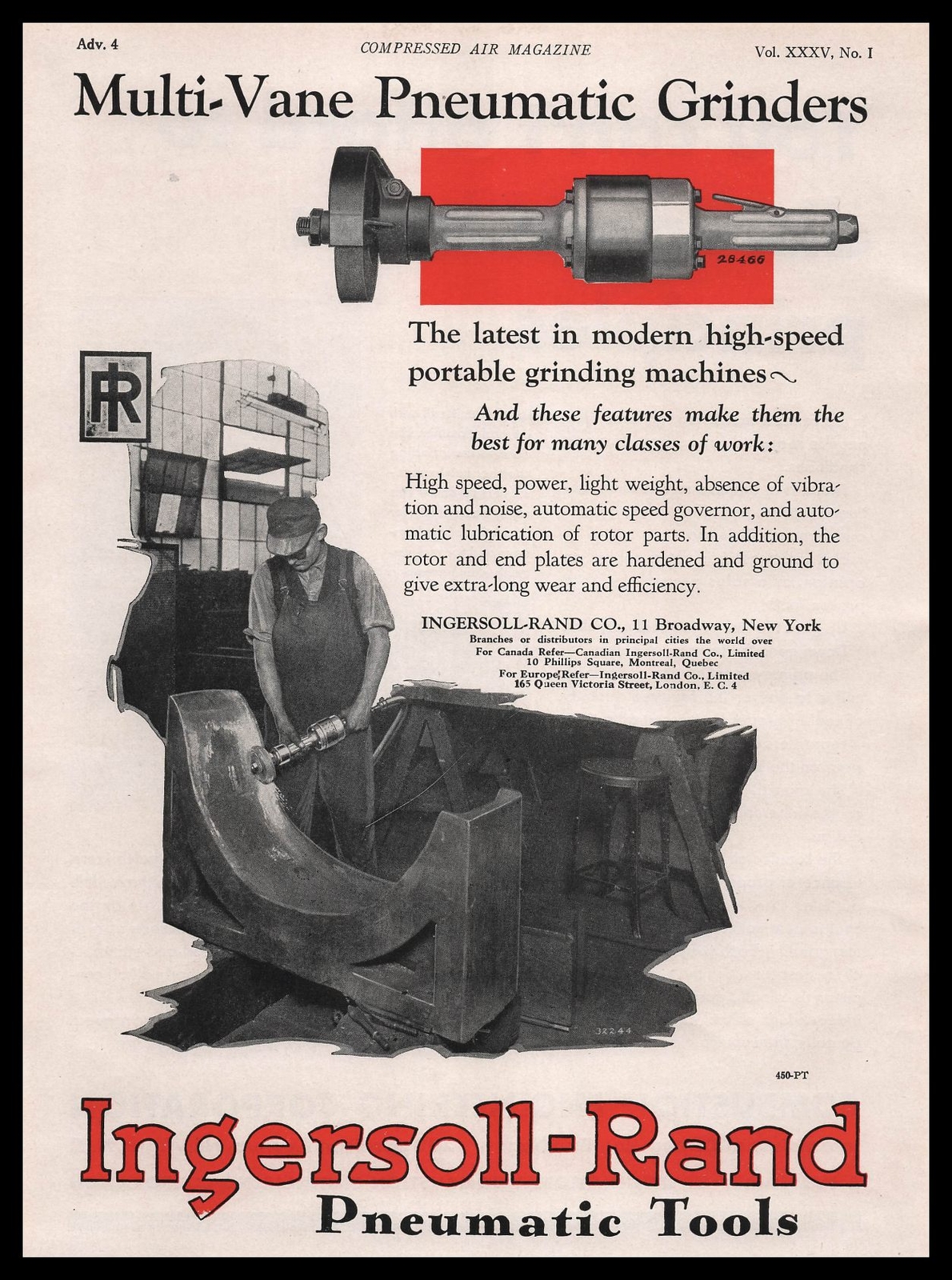 1930 Ingersoll Rand New York Multi Vane Pneumatic Grinder Tools Vintage Print Ad
