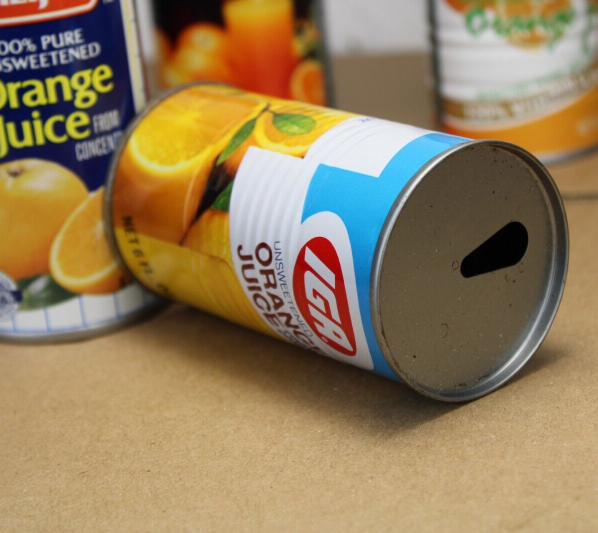 GRAPHIC ~NEAR MINT ~1980s era IGA ORANGE JUICE Old 6 oz Tin Can
