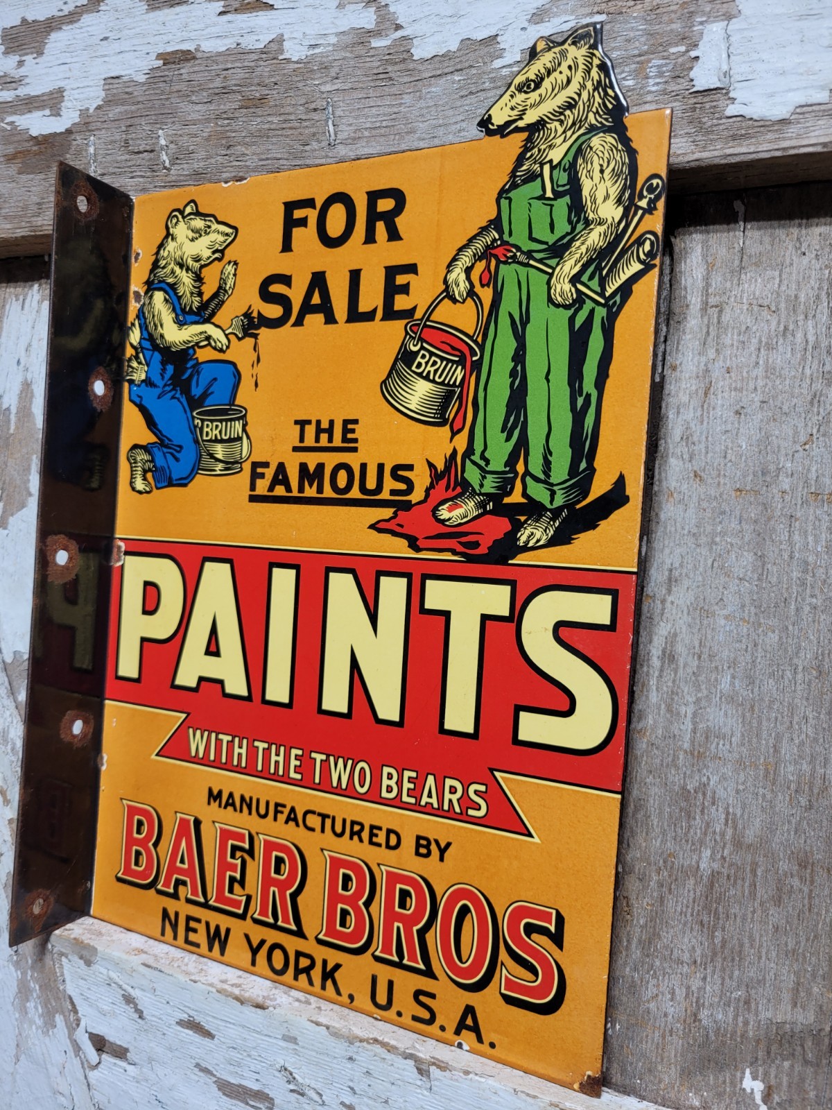 VINTAGE BAER BROS PAINT PORCELAIN SIGN BRUIN FLANGE ADVERTISING HARDWARE STORE