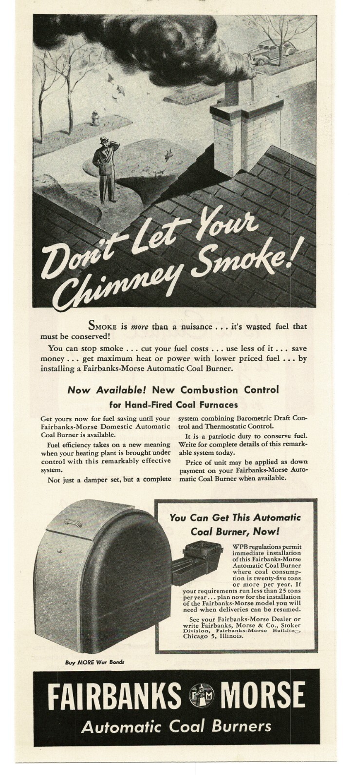 1944 Fairbanks Morse Automatic Coal Burner WWII Buy War Bonds Vintage Print Ad