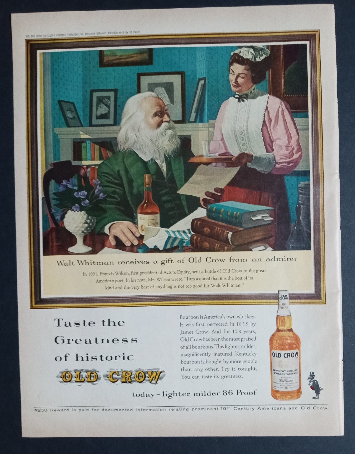 Old Crow Whiskey Magazine Ad 1960s Walt Whitman Bourbon