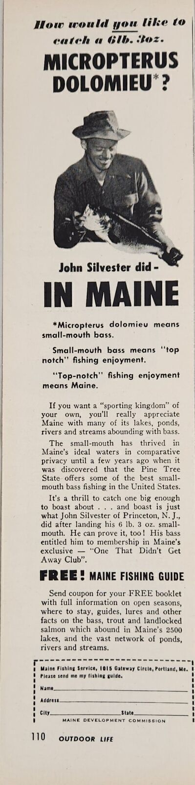 1954 Print Ad Maine Fishing Service Guide Huge Smallmouth Bass Portland,Maine