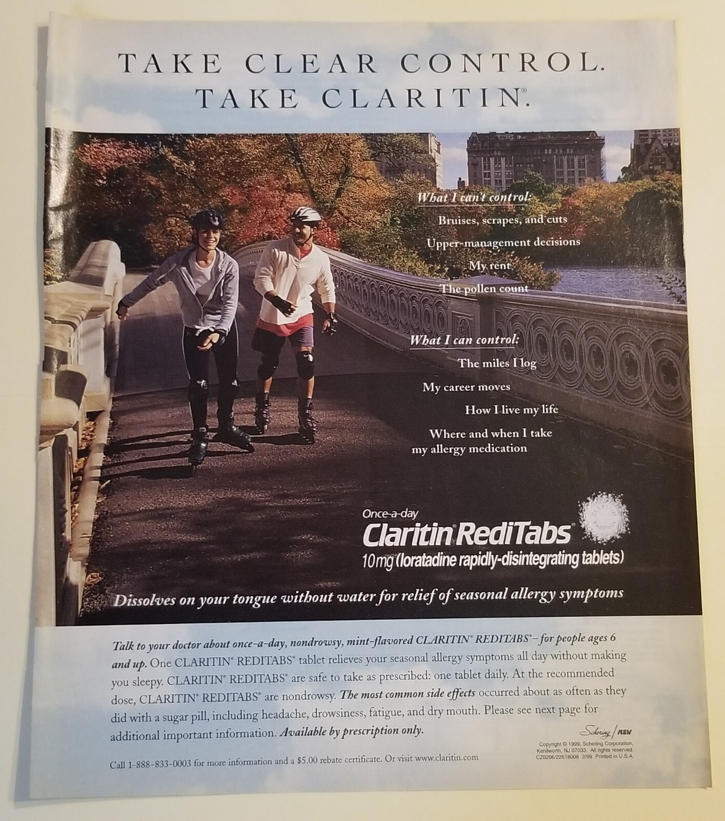 Claritin RediTabs 1999 Print Advertisement “Take Clear Control. Take Claritin”