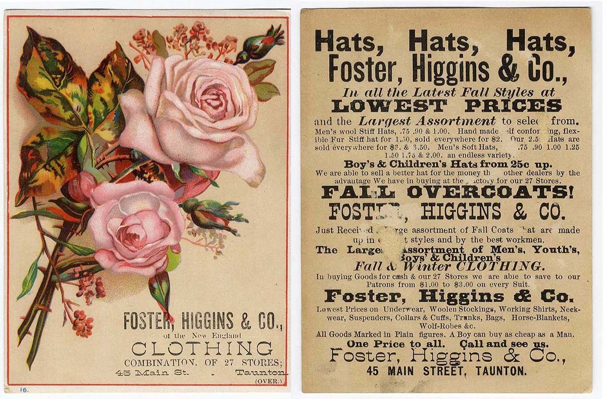 Taunton MA FOSTER HIGGINS New England Clothing Main St VICTORIAN Trade Card