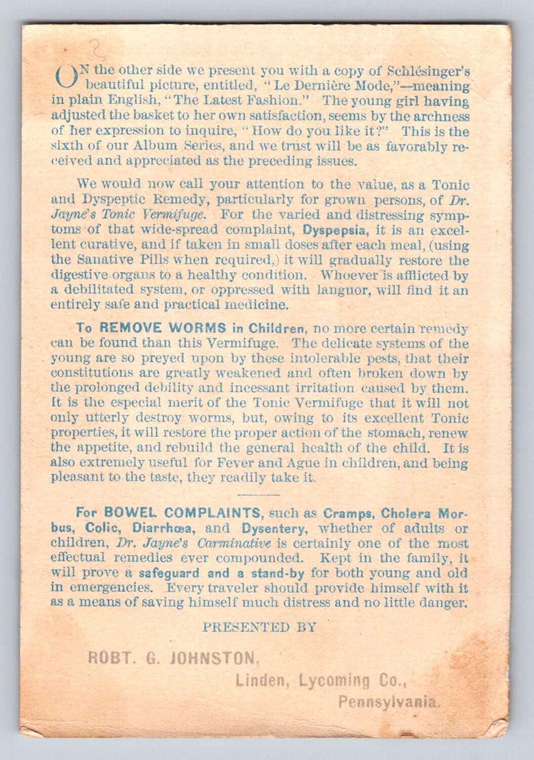 Dr Jaynes Tonic Vermifuge Carminative Girl Basket Rob Johnston Lycoming Co P262