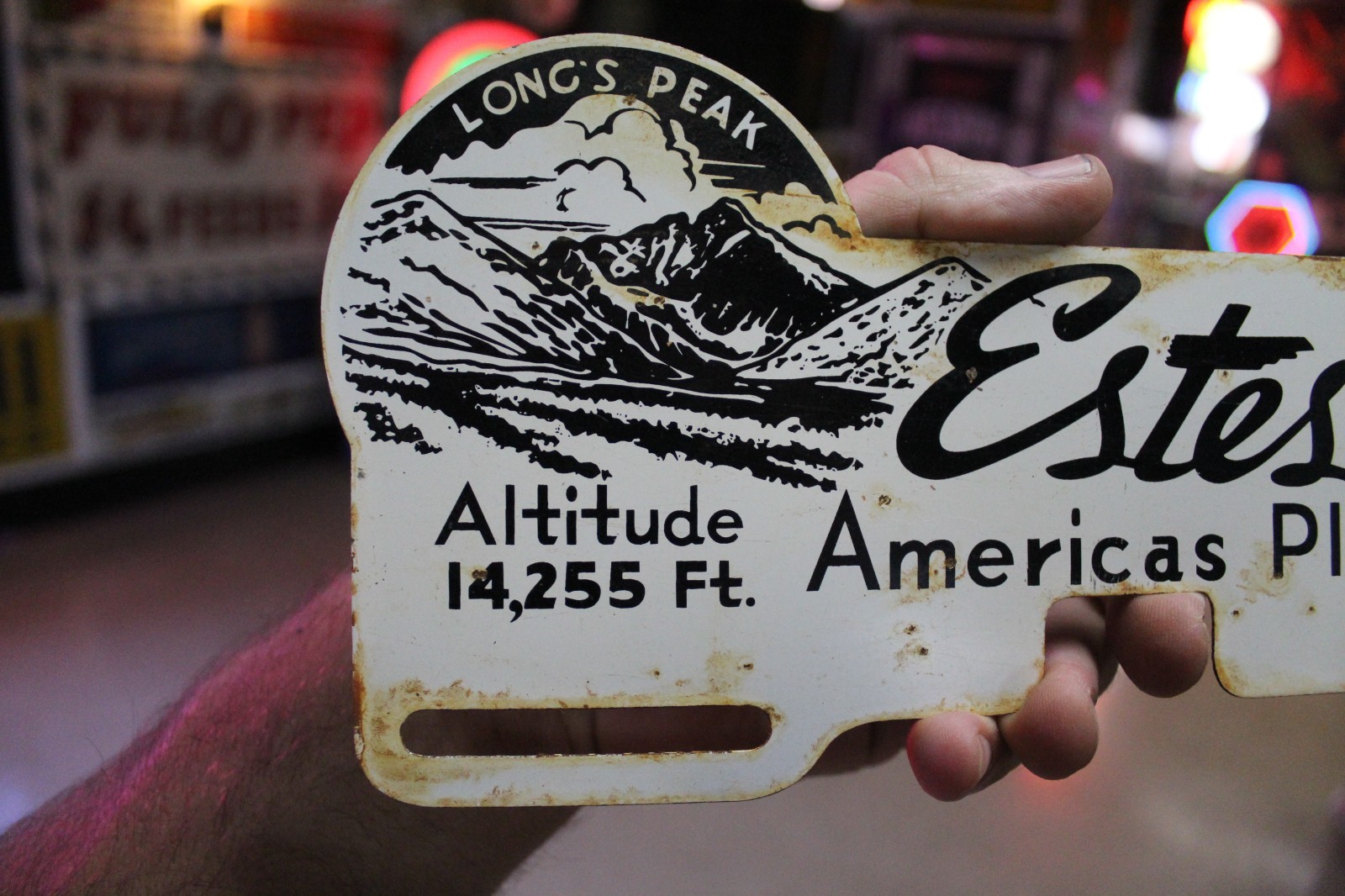 RARE 1950s ESTES PARK COLORADO PLAYGROUND LONG’S PEAK PAINTED METAL TOPPER SIGN