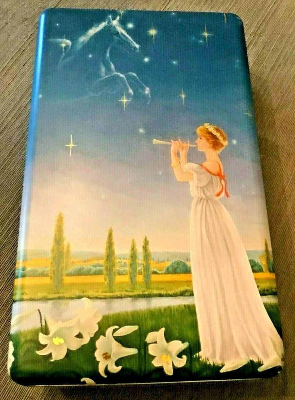 Vintage Tin Grecian Girl Playing Flute Pegasus Starry Sky Lilies
